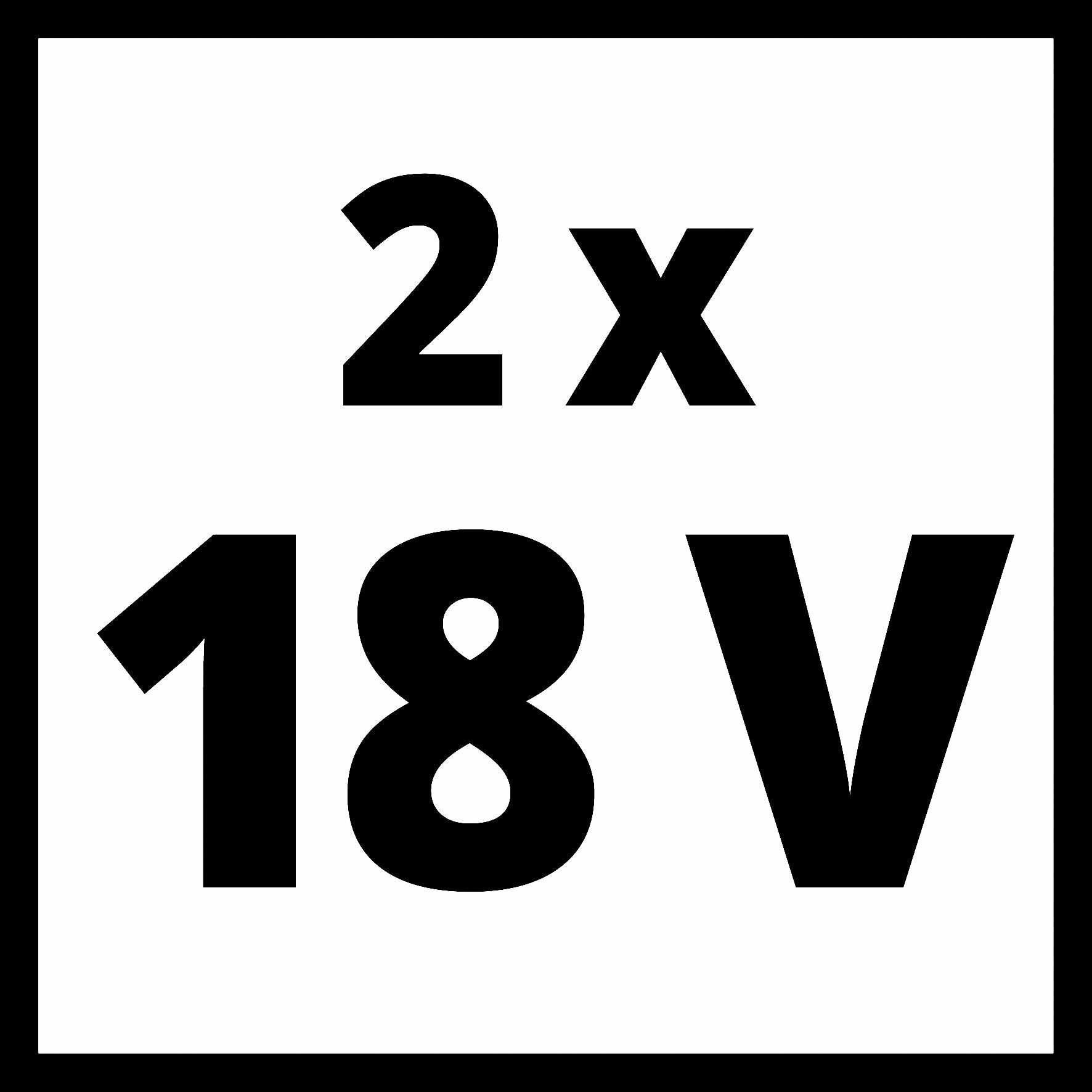 Schwarz-Weiß-Bild mit dem Text "2x 18V" in fetter, quadratischer Umrandung.