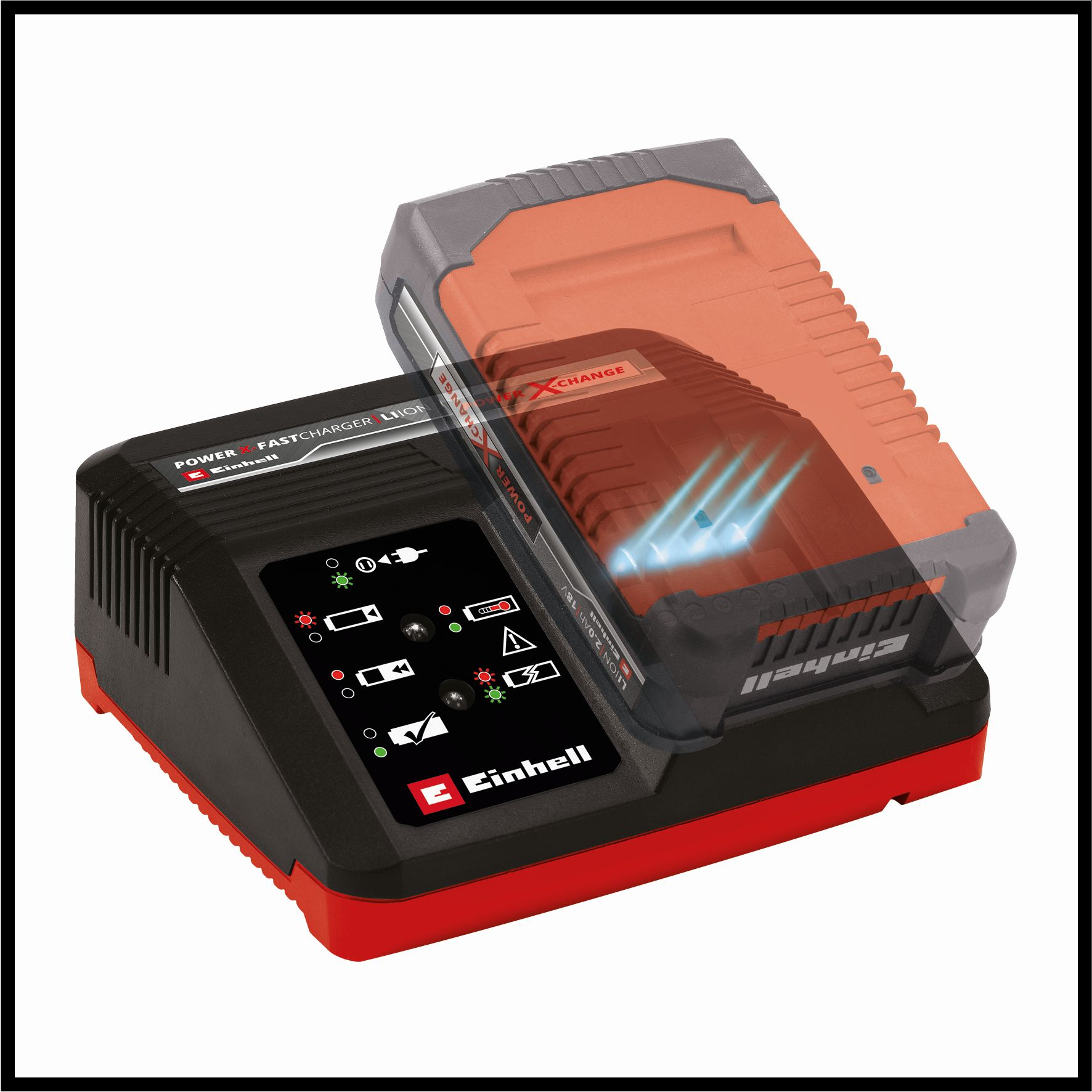 Schwarzes und rotes Batterieladegerät mit einer geladenen Batterie. Das Ladegerät hat mehrere Lichter.