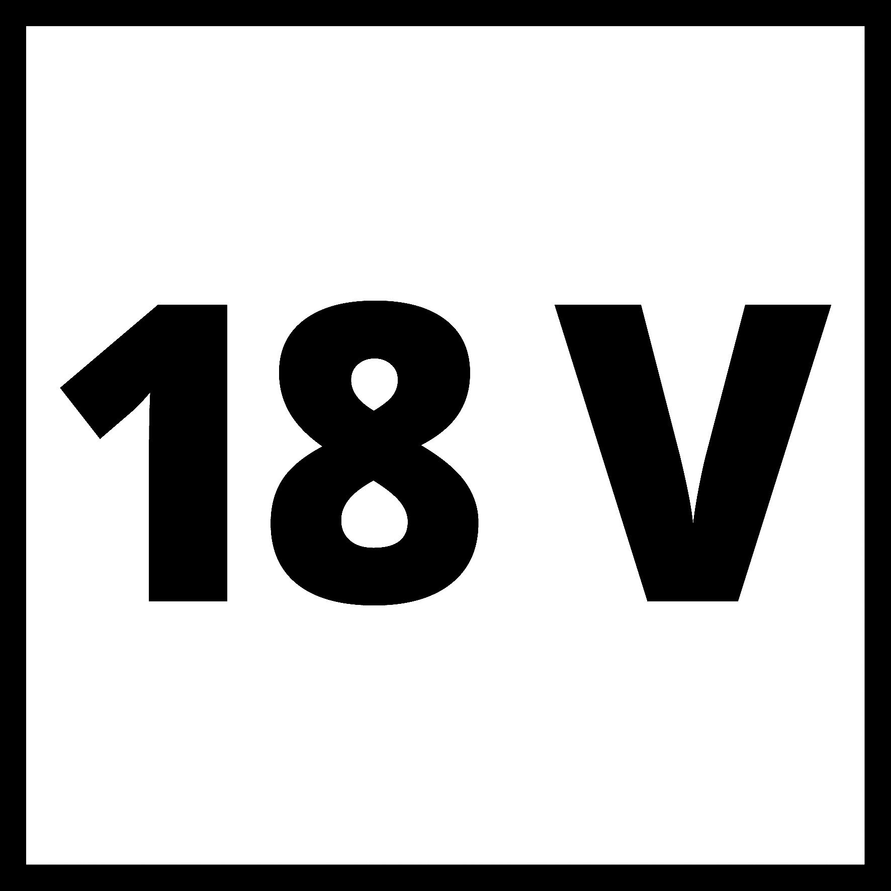 Ein 18V-Zeichen, in Schwarz, auf einem weißen quadratischen Hintergrund.