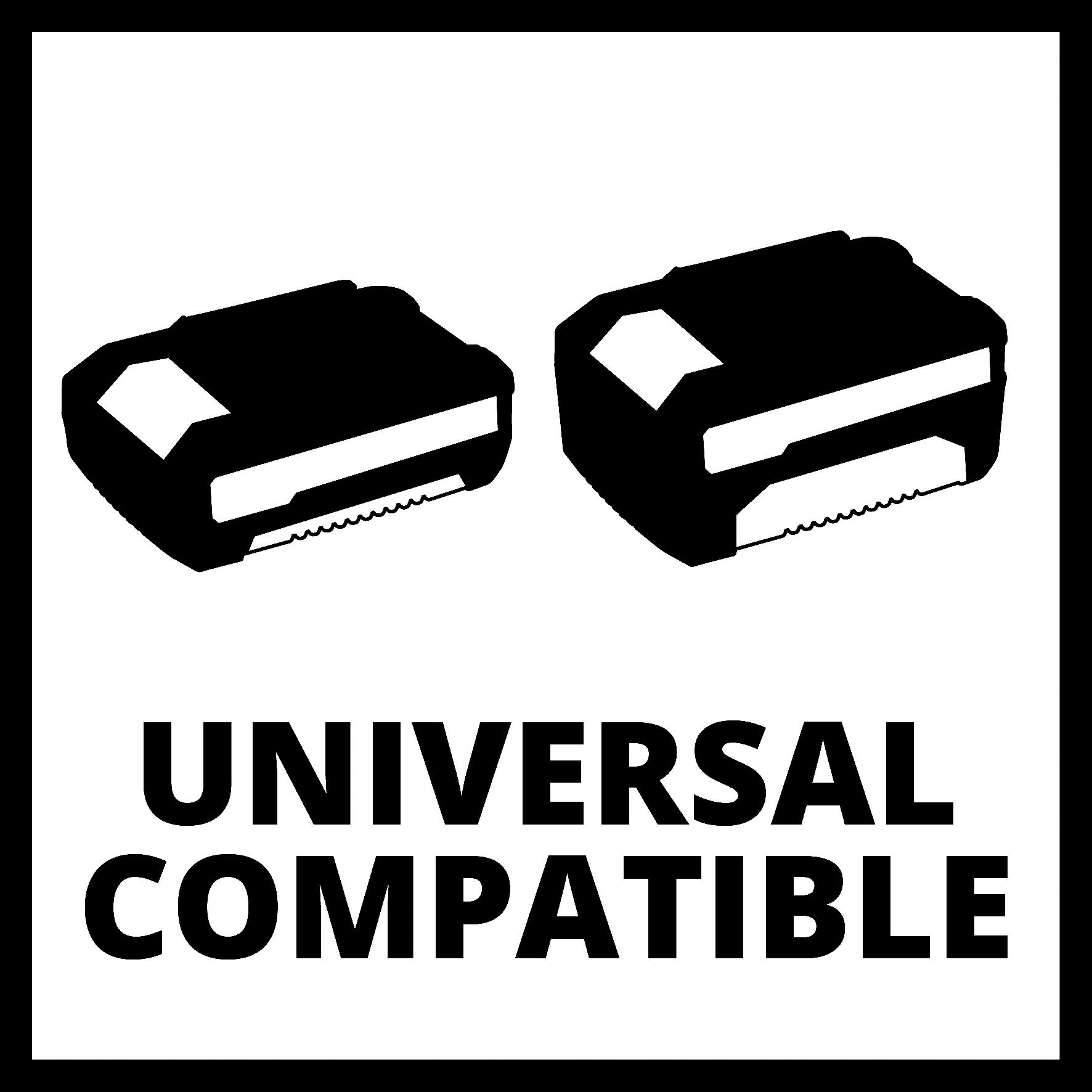 Zwei schwarze Akkus mit dem Text 'UNIVERSAL COMPATIBLE' auf weißem Hintergrund mit schwarzem Rahmen.