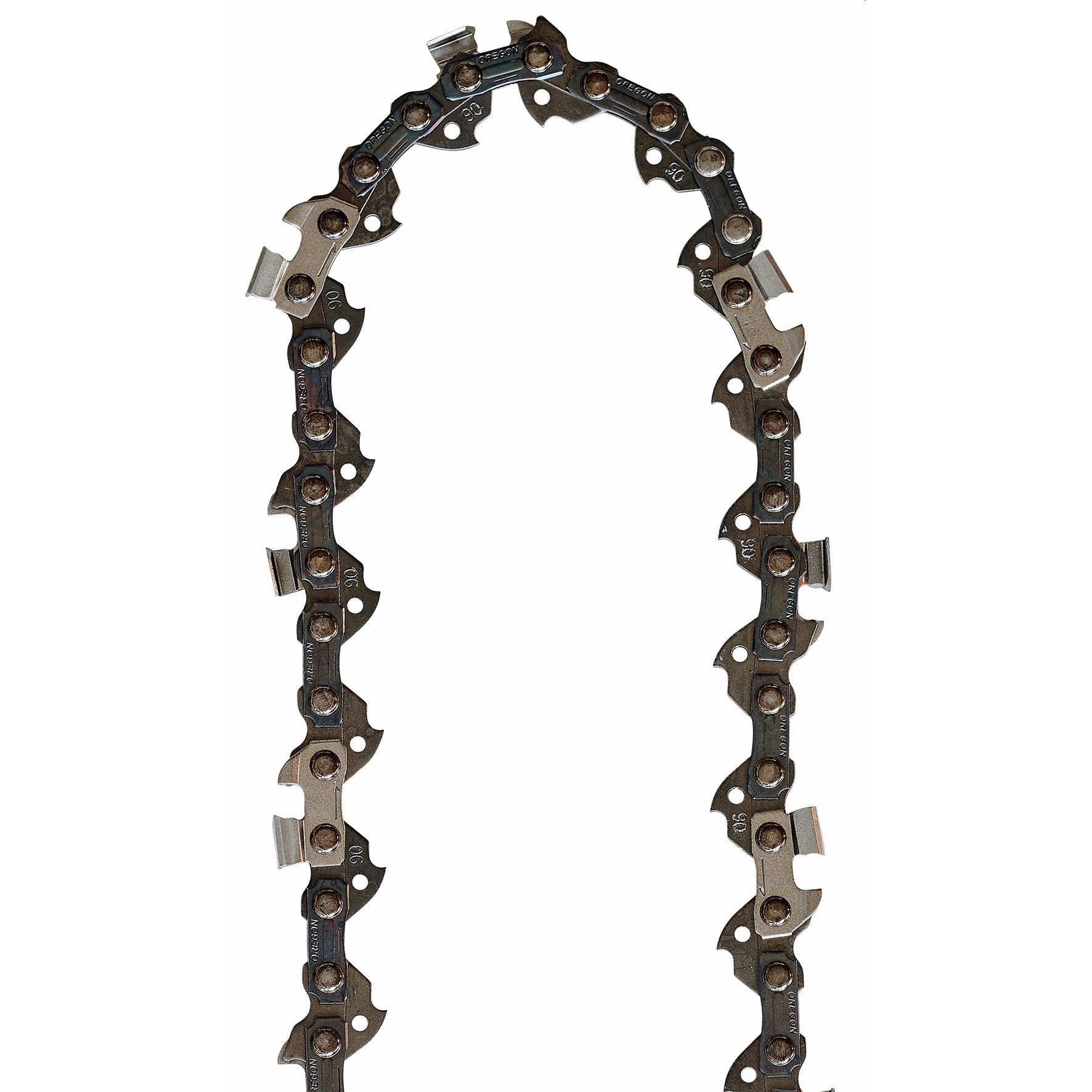 Eine silber-schwarze Kettensägenkette auf weißem Hintergrund.