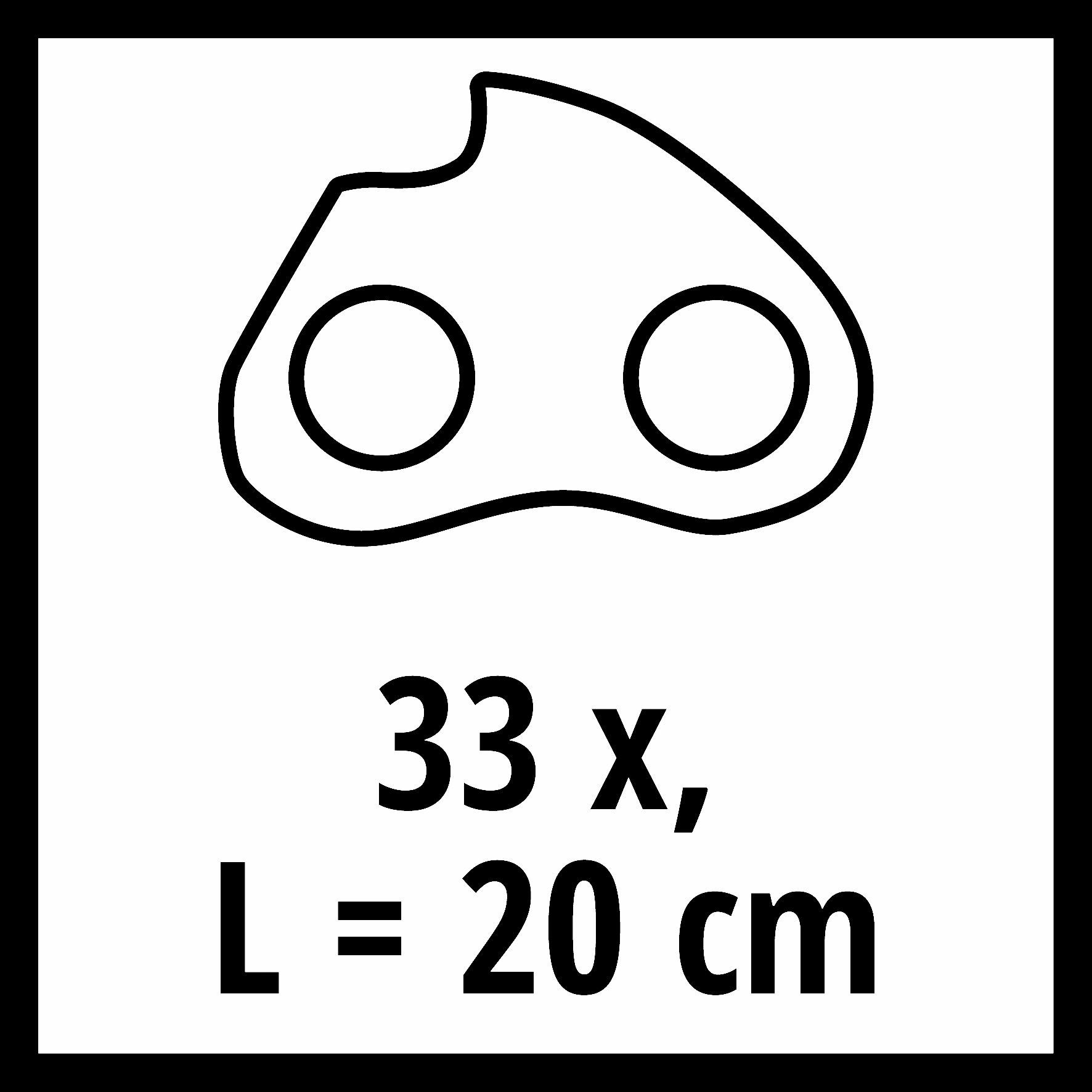 Eine schwarze Umrisszeichnung eines Teils mit zwei Kreisen und Text: '33 x, L = 20 cm'.