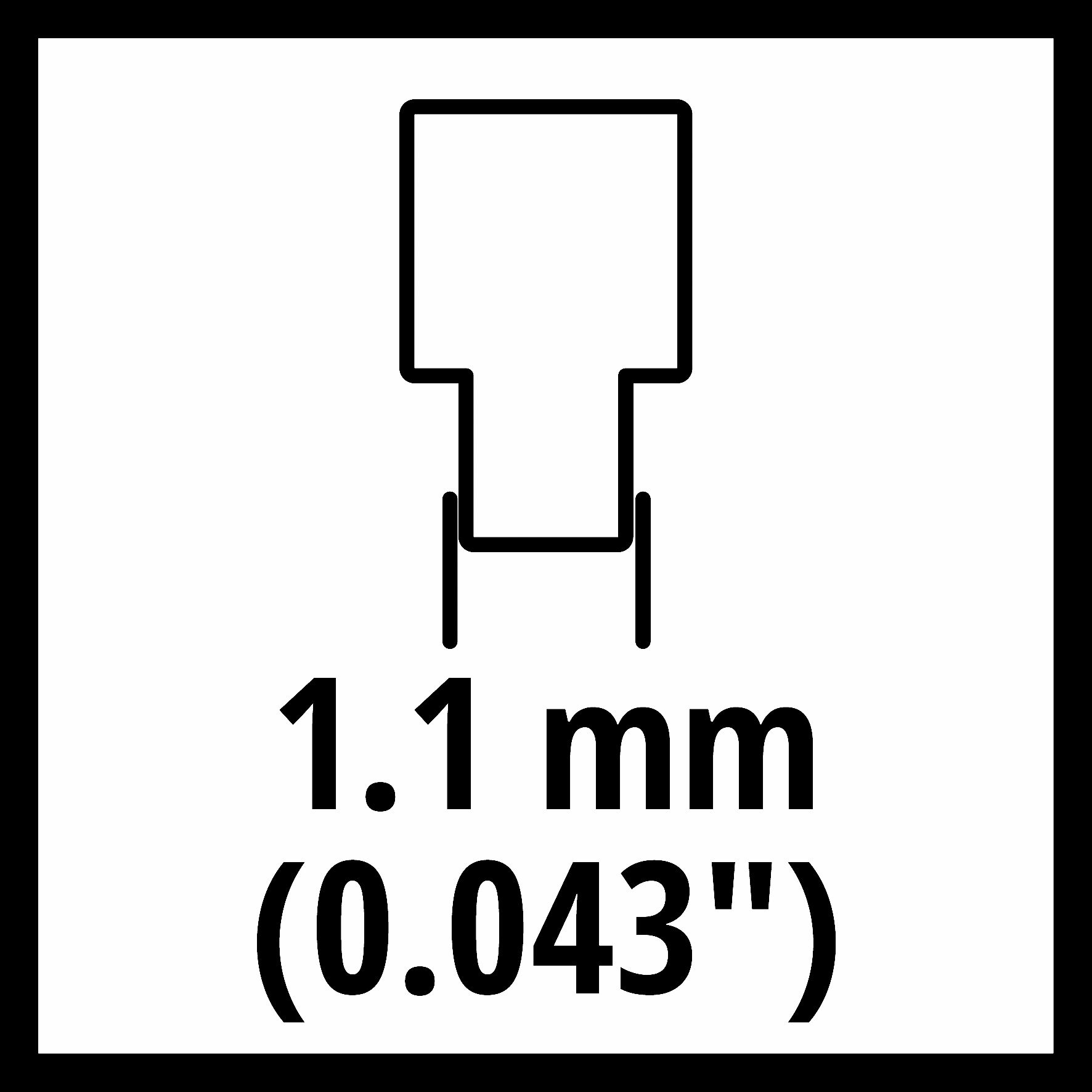 Schwarzes Symbol eines Kettensägezahns, Text 1,1 mm (0,043"). Weißer Hintergrund.