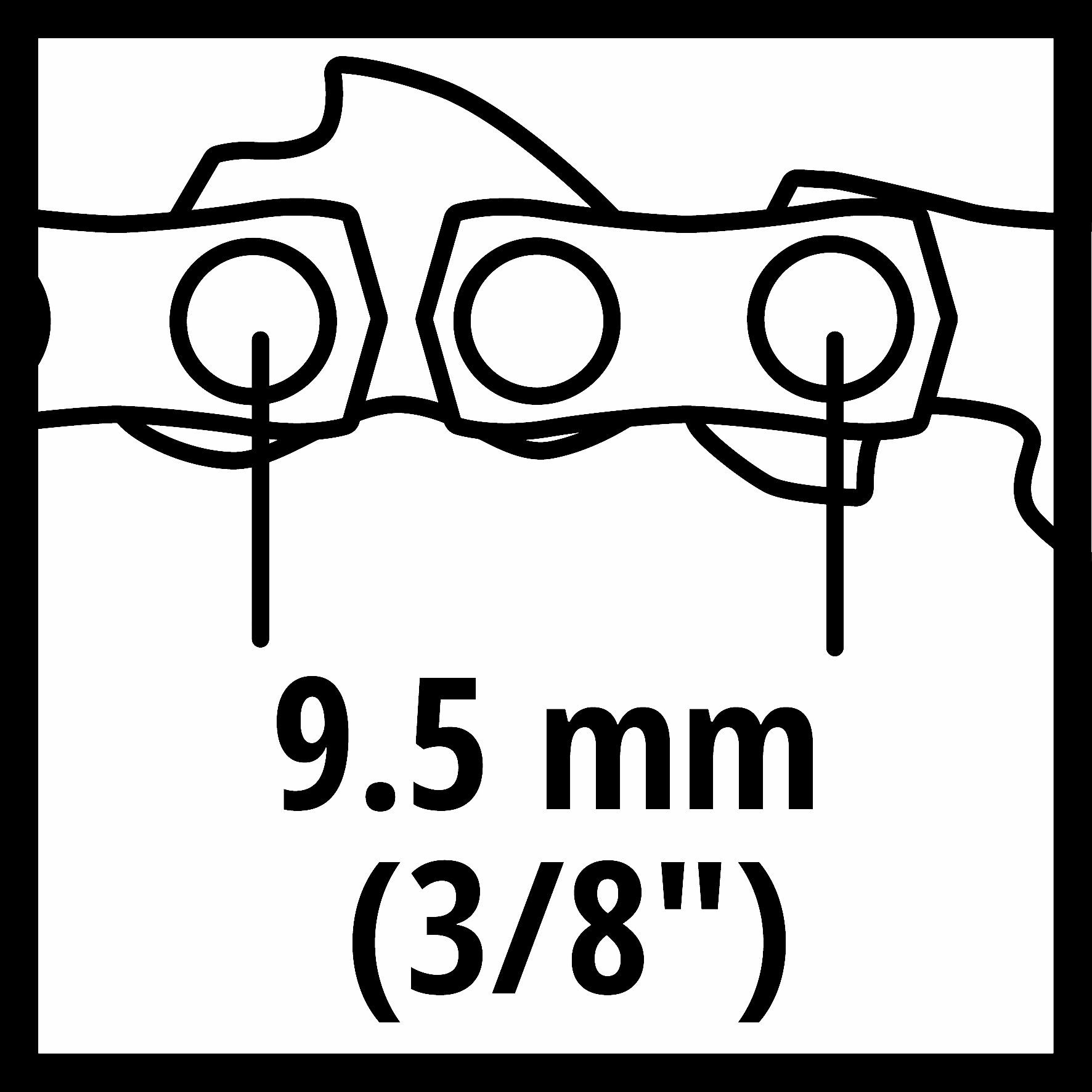 Nahaufnahme einer Kettensägenkette mit einer Messung von 9,5 mm (3/8") in schwarzem Text.
