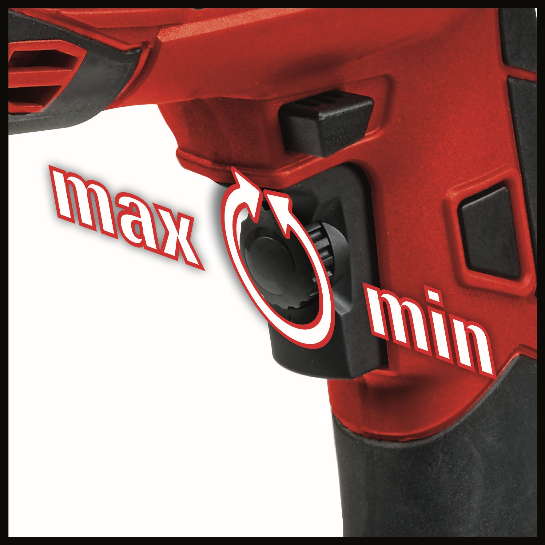 Zbliżenie czerwonego elektronarzędzia z czarnym pokrętłem z napisem 'max' i 'min'.