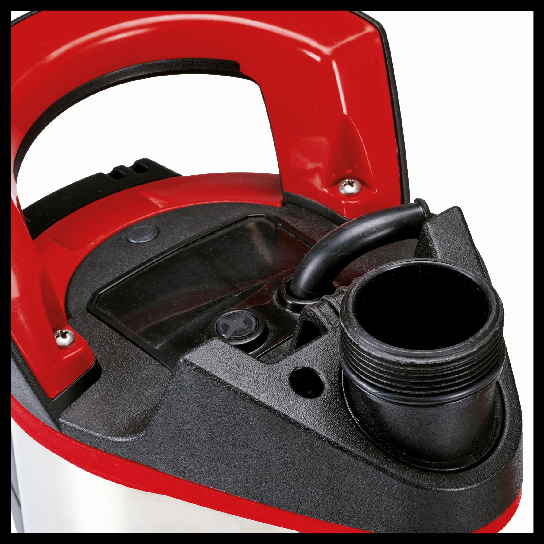 Czerwono-czarna maszyna z czarnym uchwytem i czarną rurą.