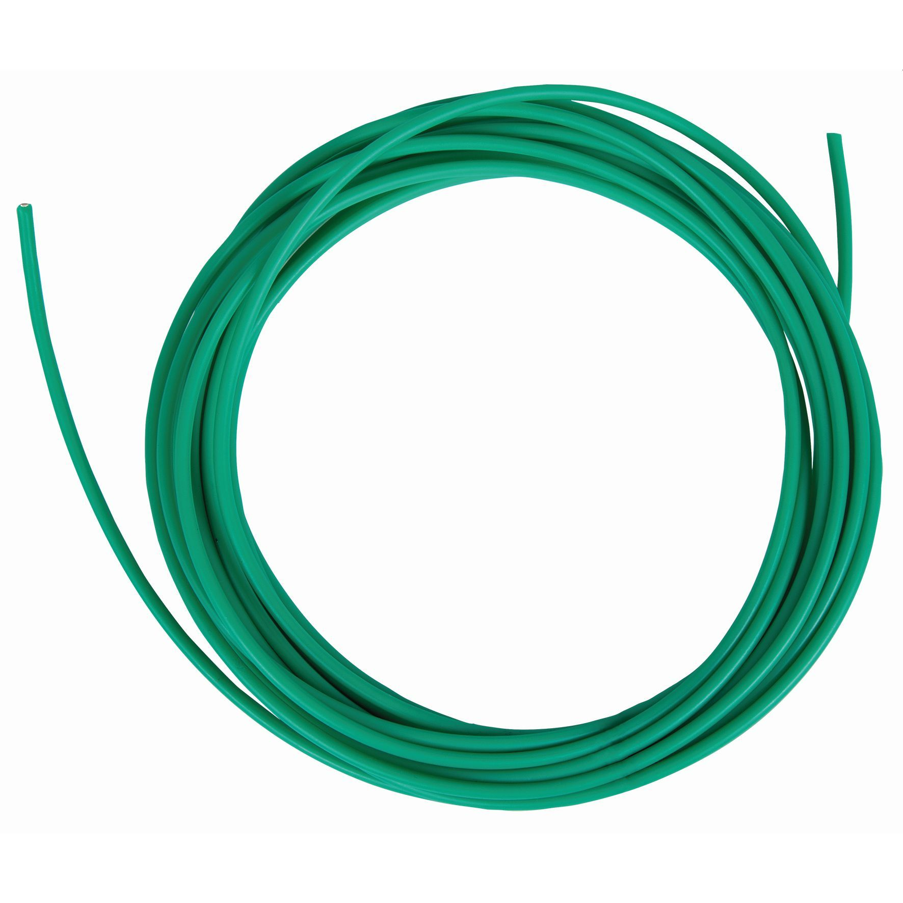 Eine Spule aus hellgrünem Kabel. Das Kabel ist sauber kreisförmig auf weißem Hintergrund gewickelt.