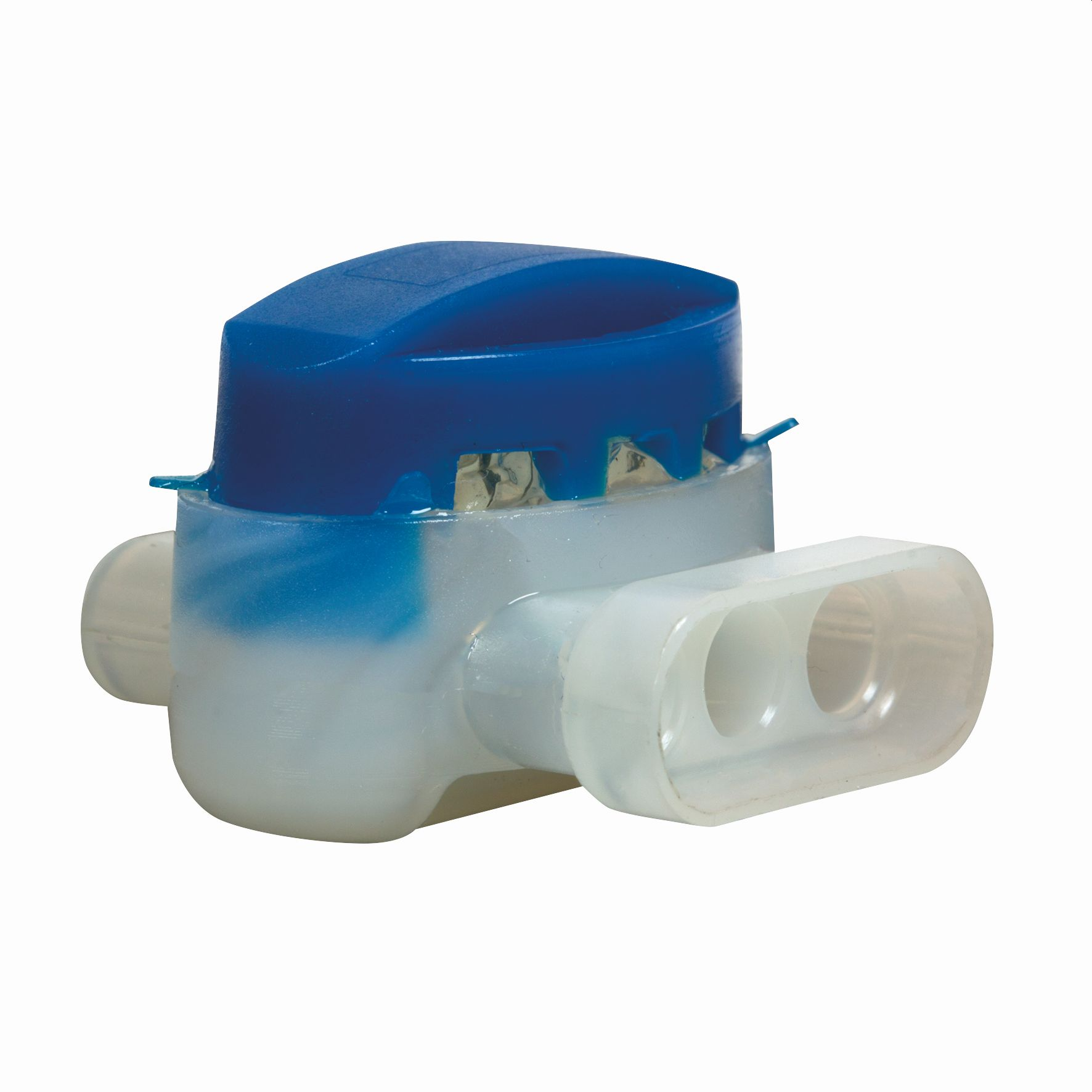 Ein blau-weißer elektrischer Stecker mit zwei Öffnungen und einer blauen Kappe, isoliert vor weißem Hintergrund.