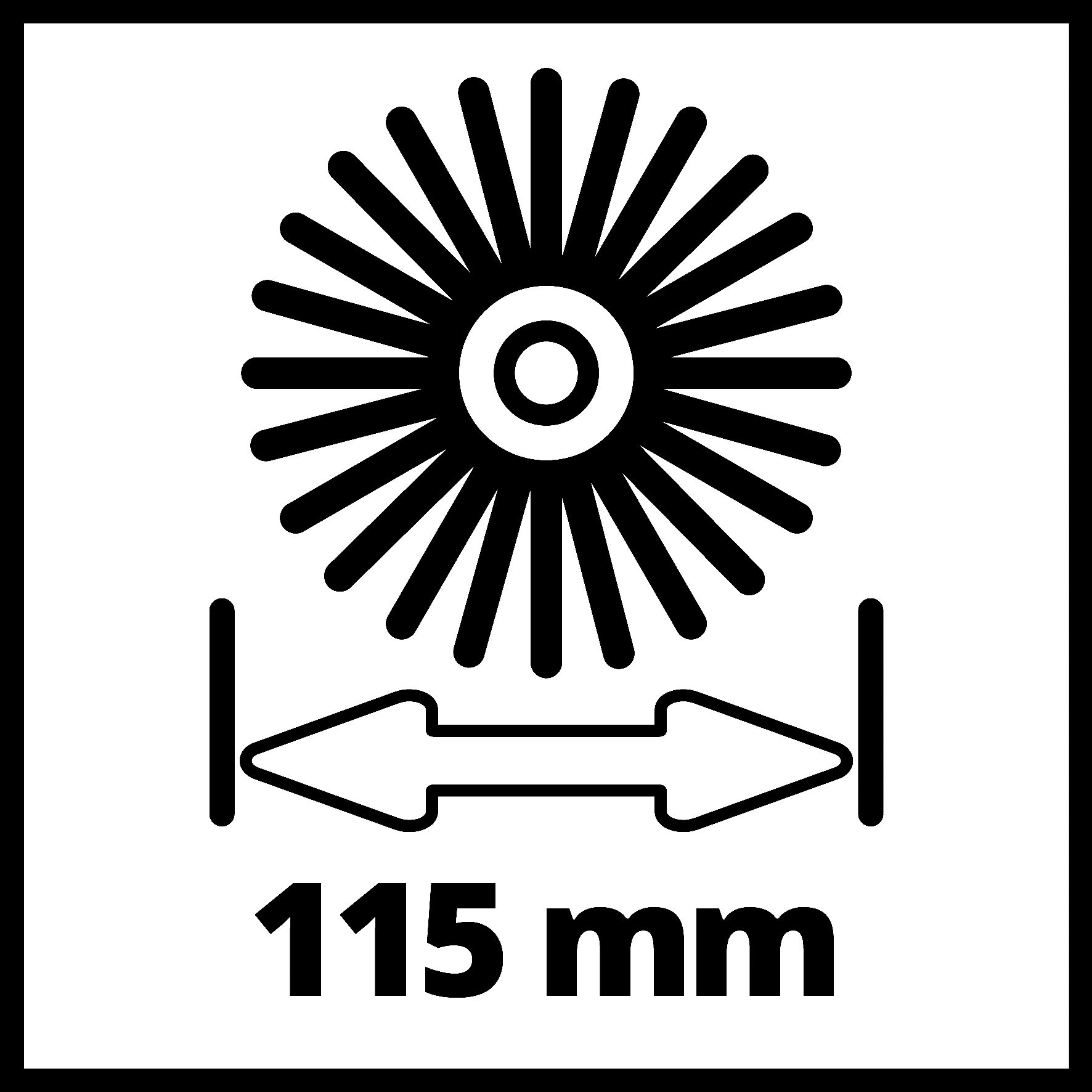 Ein schwarzes Quadrat mit einem Sonnenstrahl-Design und einer Messung von 115 mm in schwarzem Text.