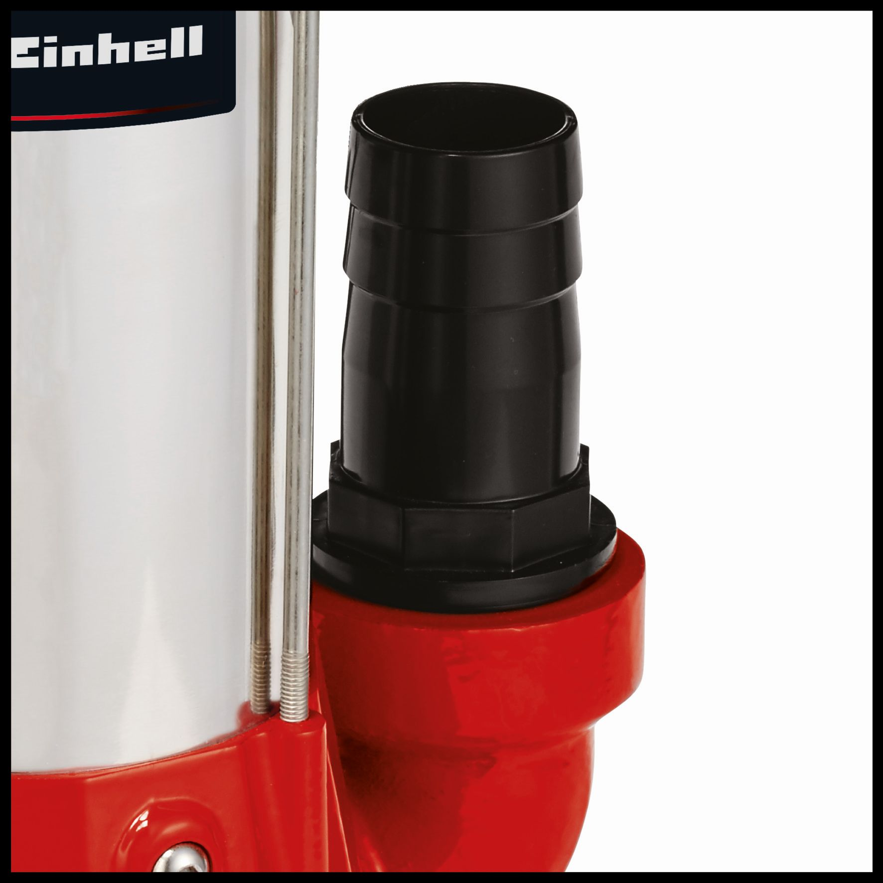 Eine rote und silberne Pumpe mit schwarzer Düse auf weißem Hintergrund. Die Marke Einhell ist sichtbar.