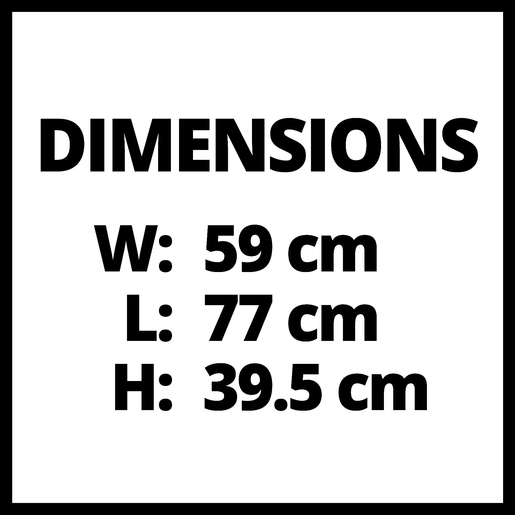 Schwarz-Weiß-Bild der Abmessungen in Fettschrift: B: 59 cm, L: 77 cm, H: 39,5 cm, angezeigt auf einem schwarzen Quadrat.