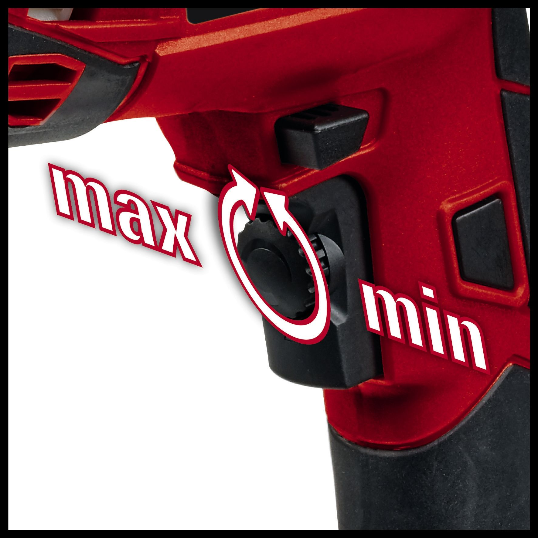 Zbliżenie czerwonej wiertarki ze słowami 'max' i 'min' oraz strzałką.
