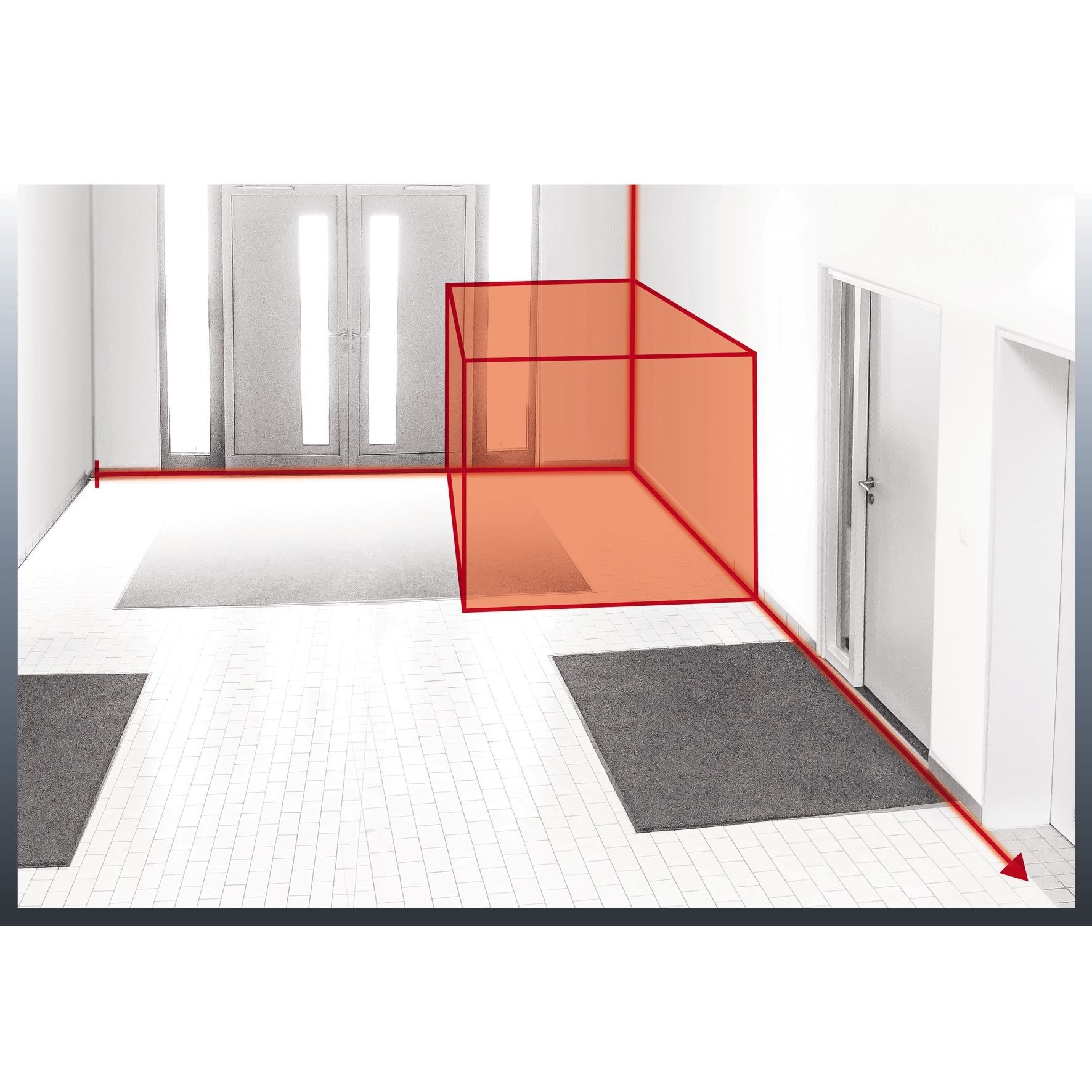 Pomieszczenie z czerwoną siatką laserową, białe ściany, szare dywany i podłoga z płytek.