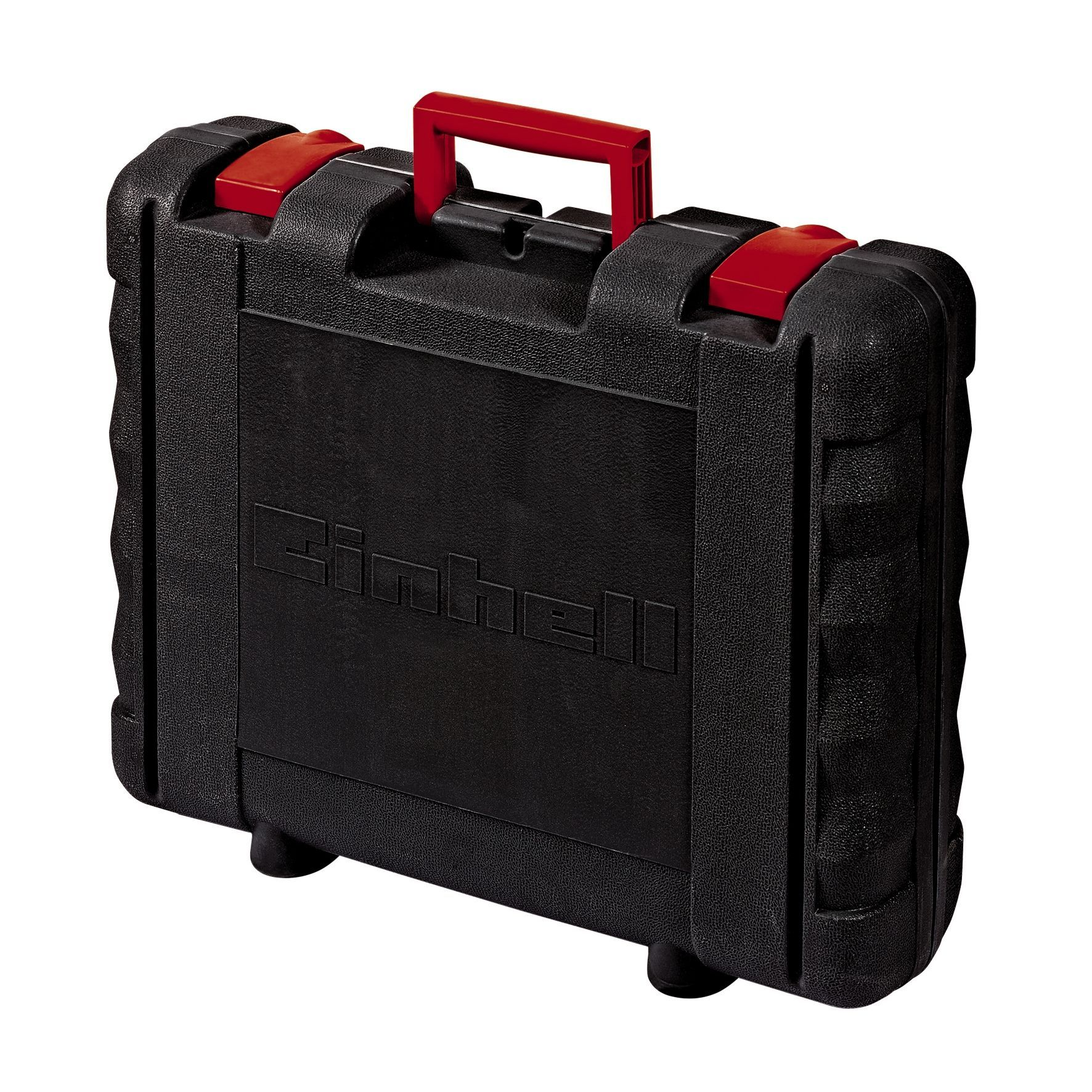 Czarno-czerwona prostokątna walizka z czerwonym uchwytem i czerwonymi zatrzaskami.