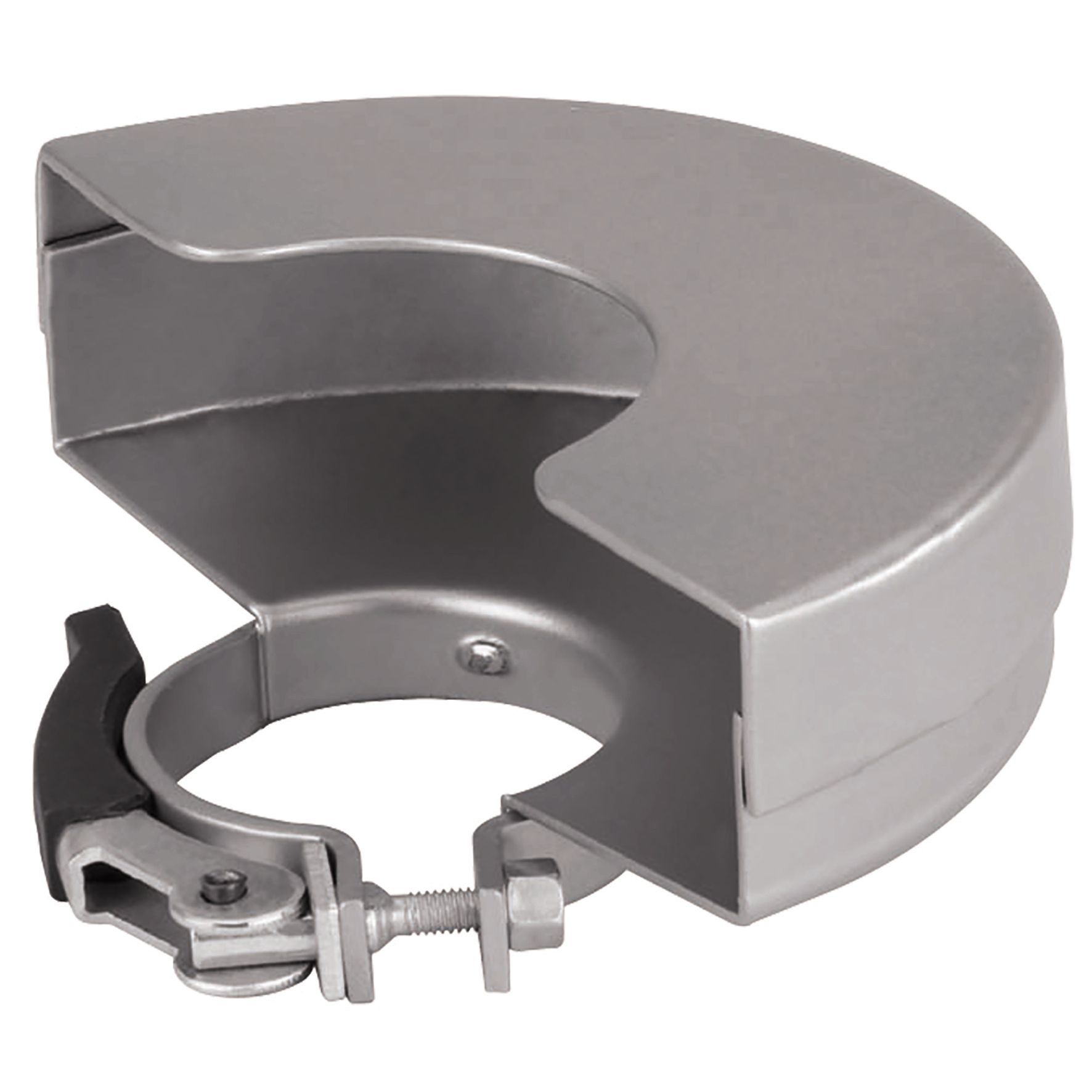 Srebrna osłona szlifierki z czarnym uchwytem i srebrnym zaciskiem, izolowana na białym tle.