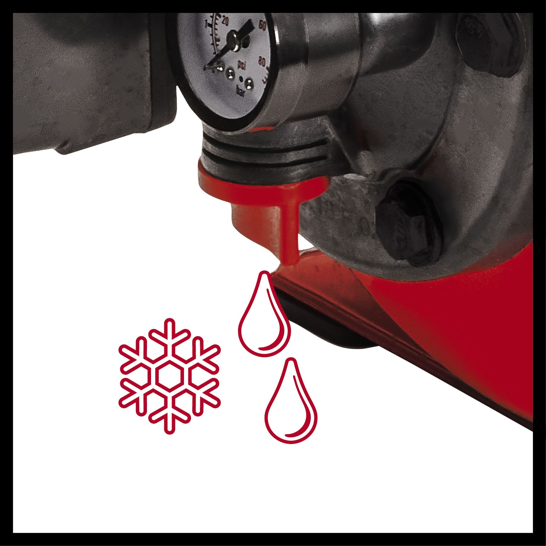 Zbliżenie pokazuje czerwoną i szarą pompę. Symbole kropli wody i płatka śniegu wskazują na zamarzanie.