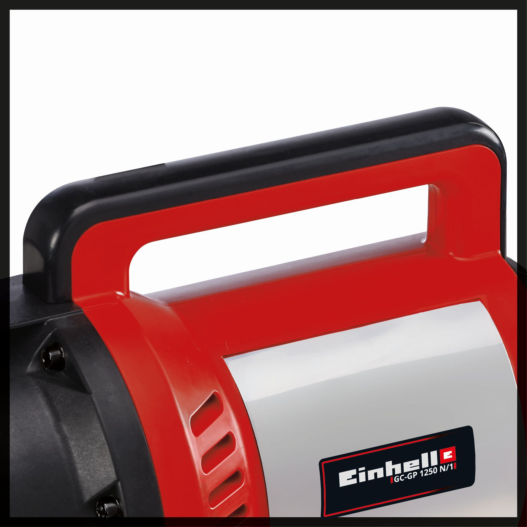 Nahaufnahme eines rot-schwarzen Griffs einer Maschine, mit der Marke Einhell sichtbar.