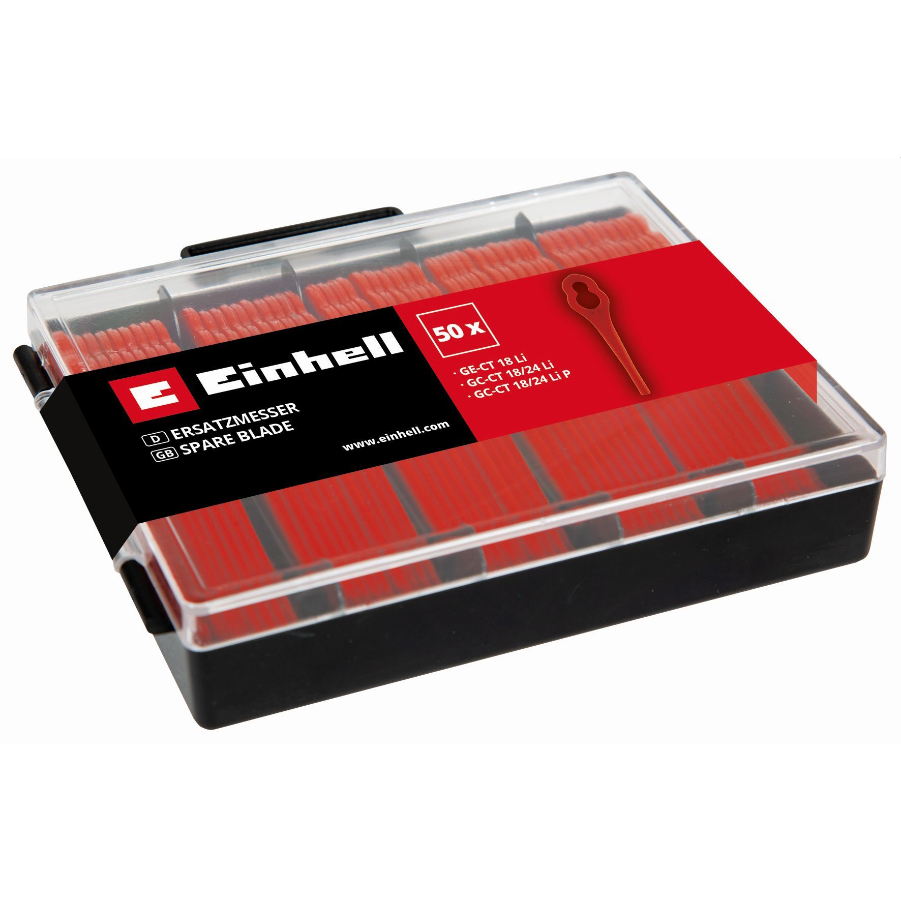 Eine Schachtel roter Einhell Ersatzklingen, mit Text auf der Schachtel.