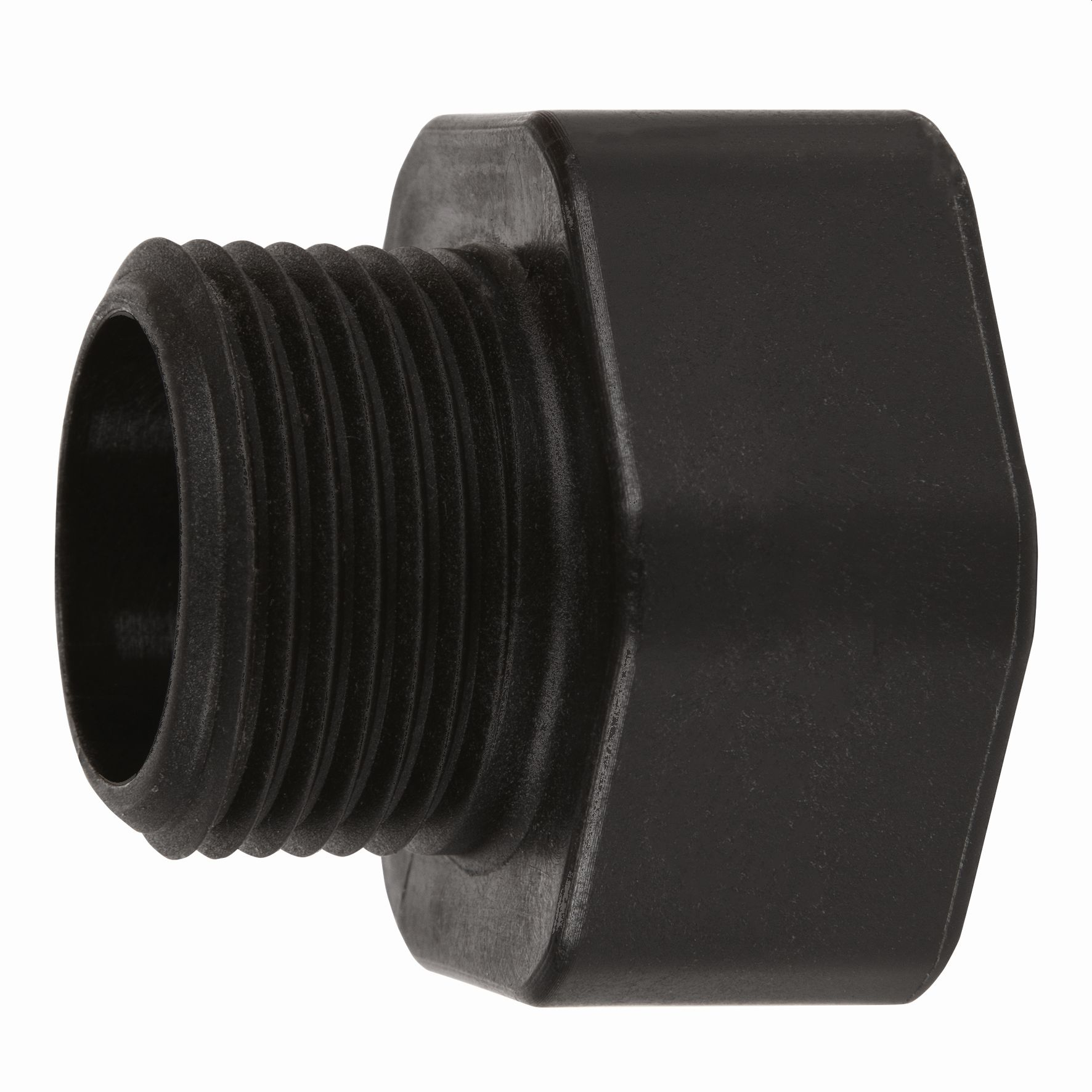 Czarny plastikowy adapter z gwintowanym końcem i sześciokątnym korpusem, na białym tle.