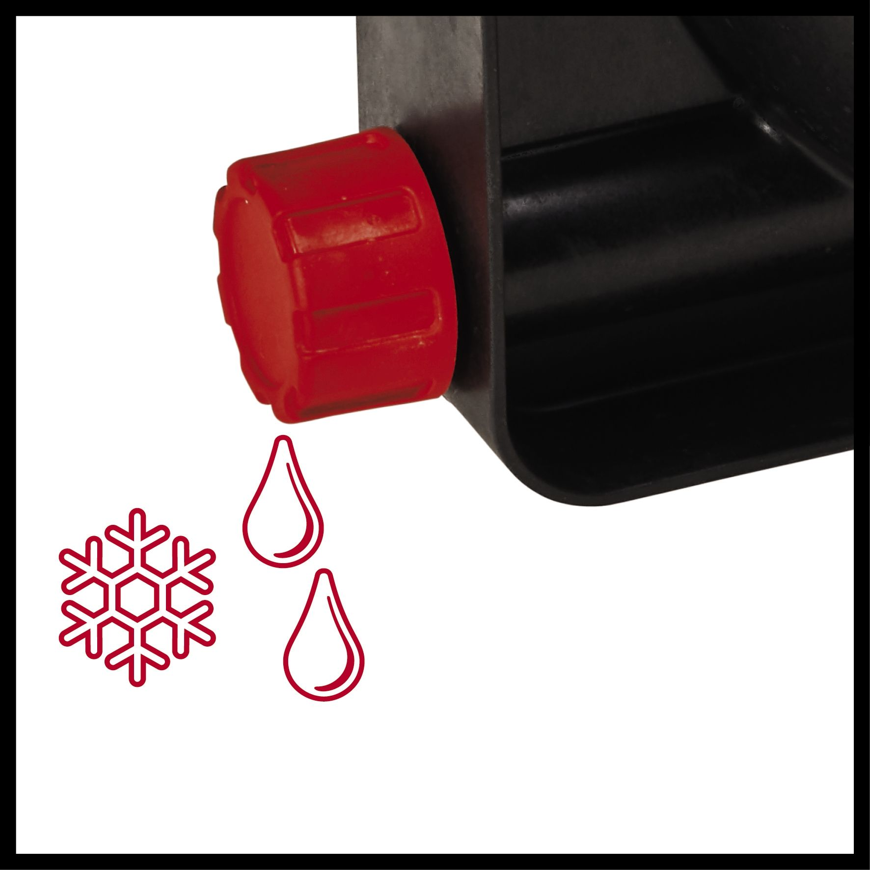 Zbliżenie czerwonej nakrętki na czarnym pojemniku. Pokazano czerwone krople i ikonę płatka śniegu.