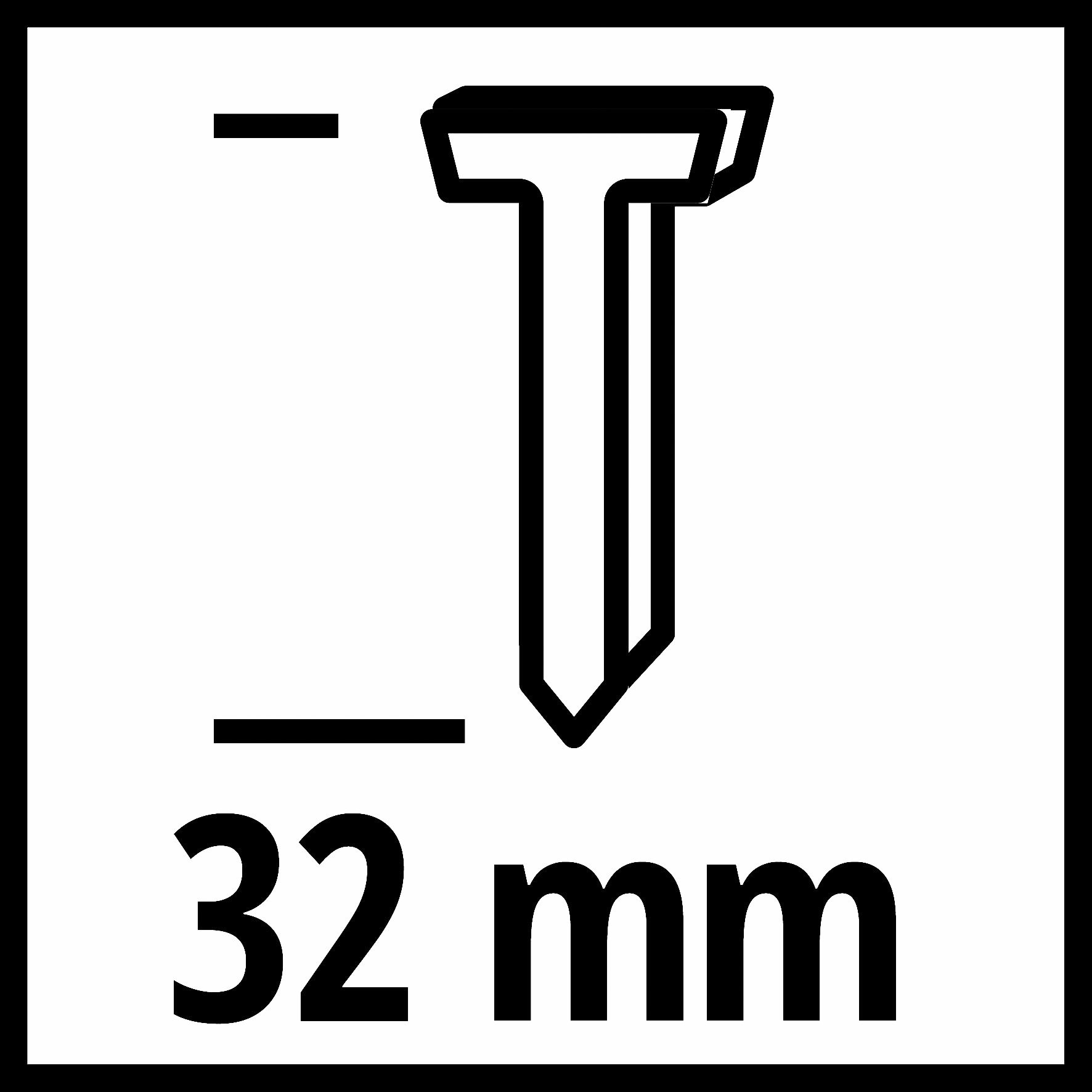 Schwarz-weiß-Symbol eines Nagels mit der Beschriftung 32 mm darunter.
