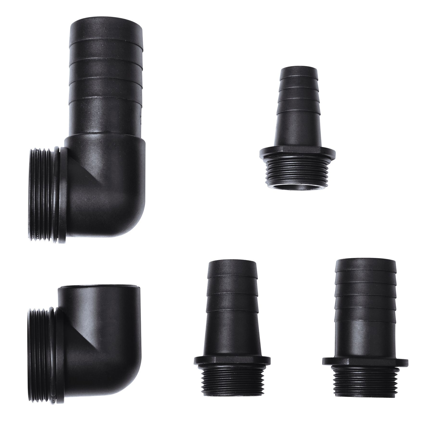 Różne czarne plastikowe kształtki hydrauliczne: kolanka, redukcje i złącza.