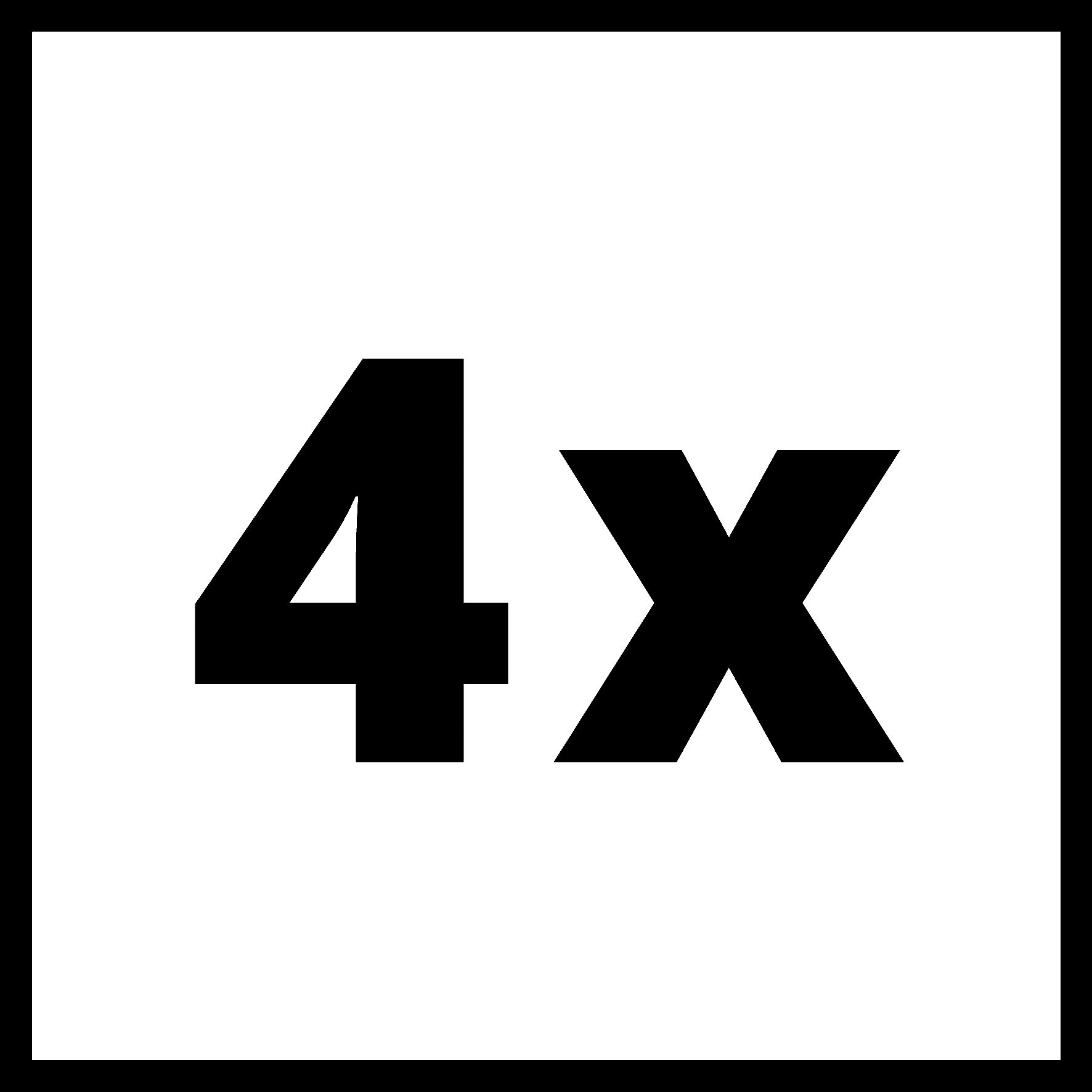 Ein weißes Quadrat mit dem schwarzen Text '4x' in der Mitte, einfach und fett.