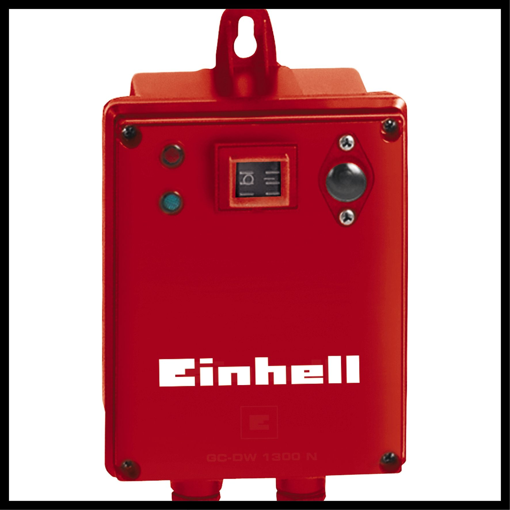 Ein rotes Einhell-Gerät mit Knöpfen, einem Bildschirm und einem Schlaufengriff auf schwarzem Hintergrund.