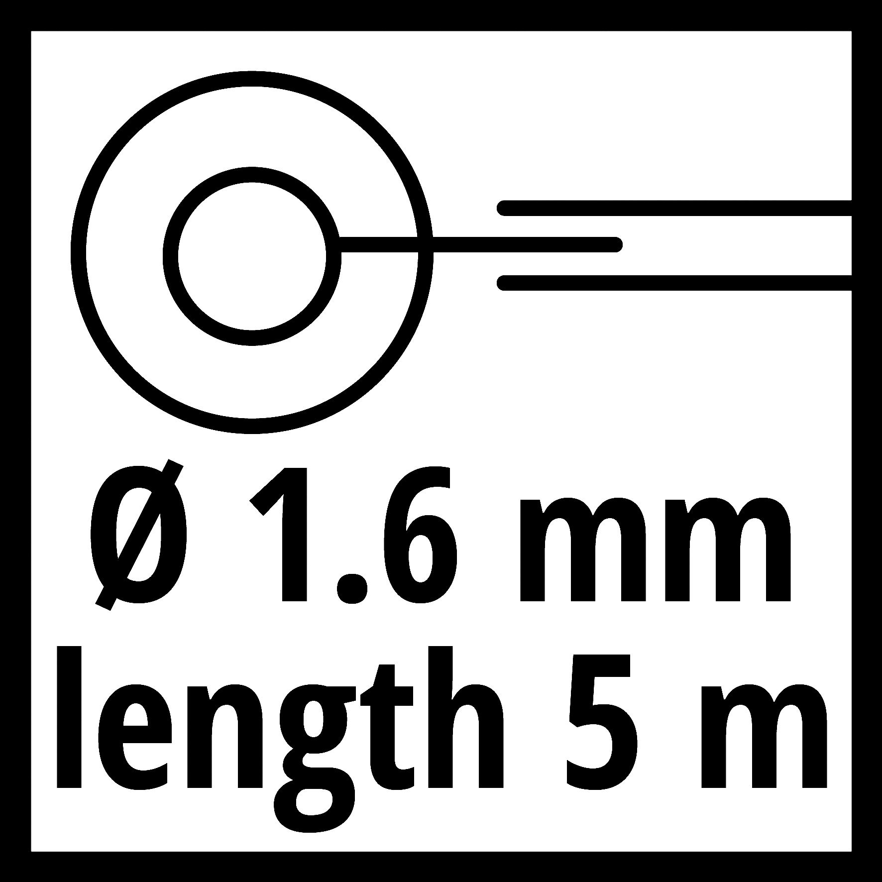 Zwart-wit diagram met tekst: Ø 1,6 mm lengte 5 m. Witte achtergrond.