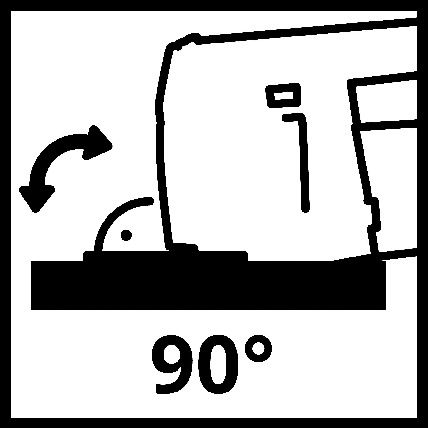 Eine Schwarz-Weiß-Grafik, die eine 90-Grad-Drehung mit einem Pfeil und einer gekrümmten Linie zeigt.
