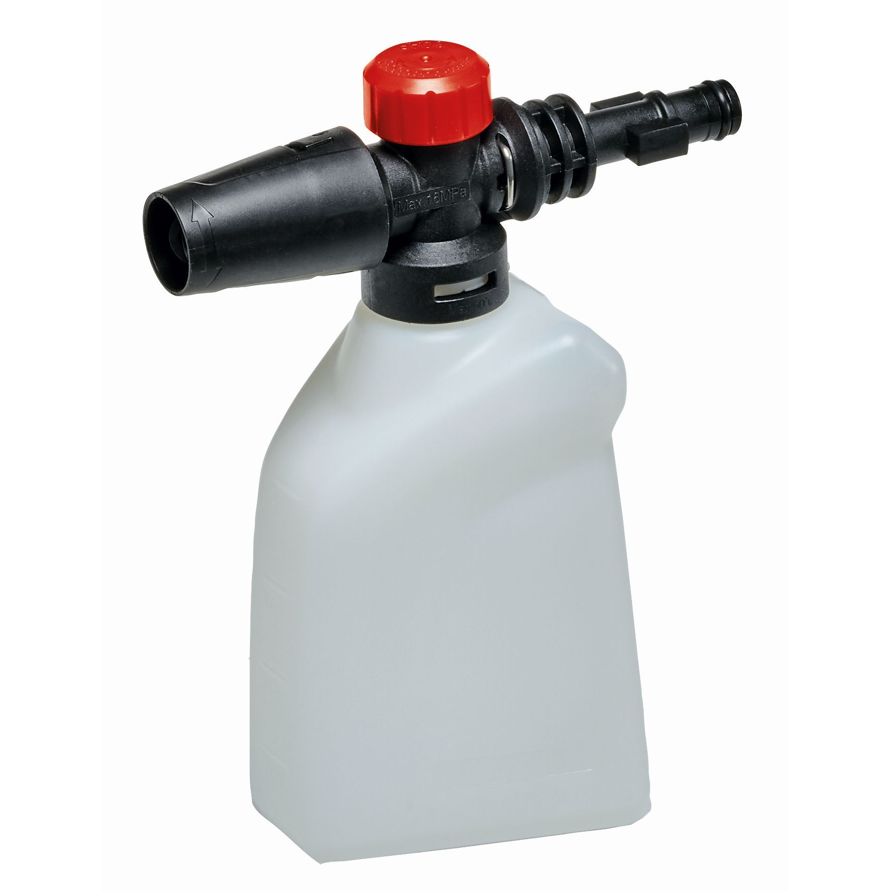 Un flacone spray per acqua in plastica bianca con tappo rosso e ugello nero.