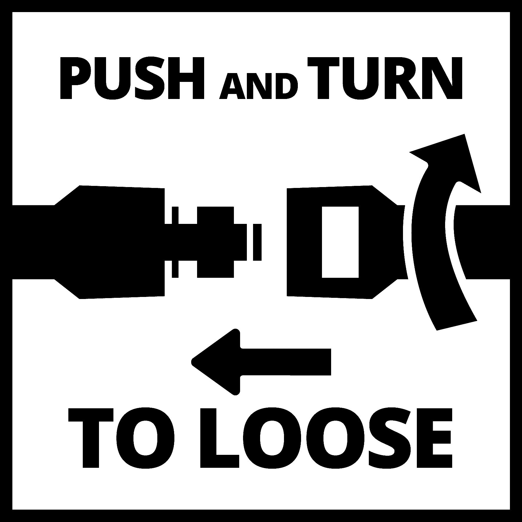 Czarno-biała grafika przedstawiająca klamrę pasów bezpieczeństwa ze słowami "PUSH and TURN" i "TO LOOSE".
