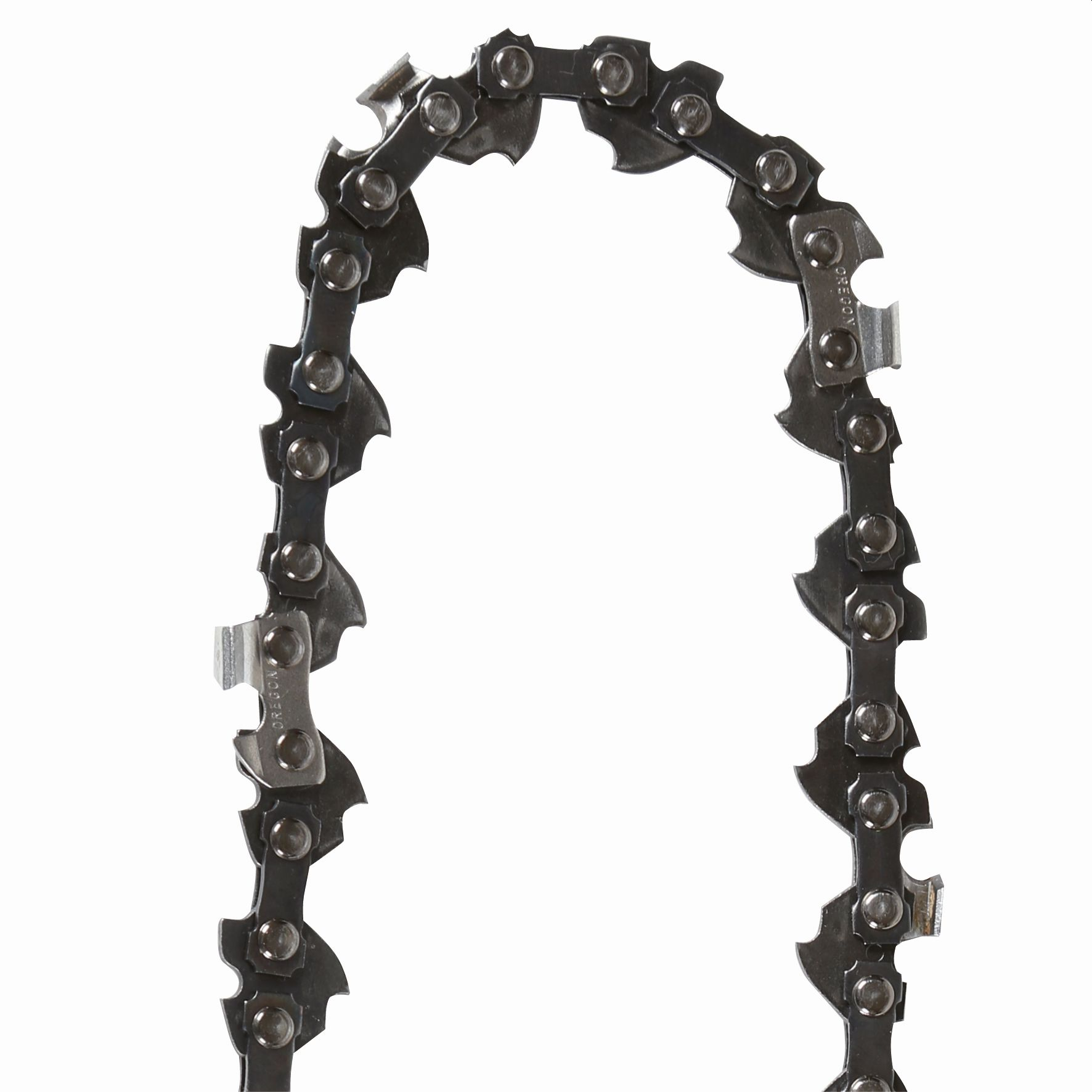 Kettensägekette auf Weiß. Metall, scharfe Zähne, silberne Farbe.