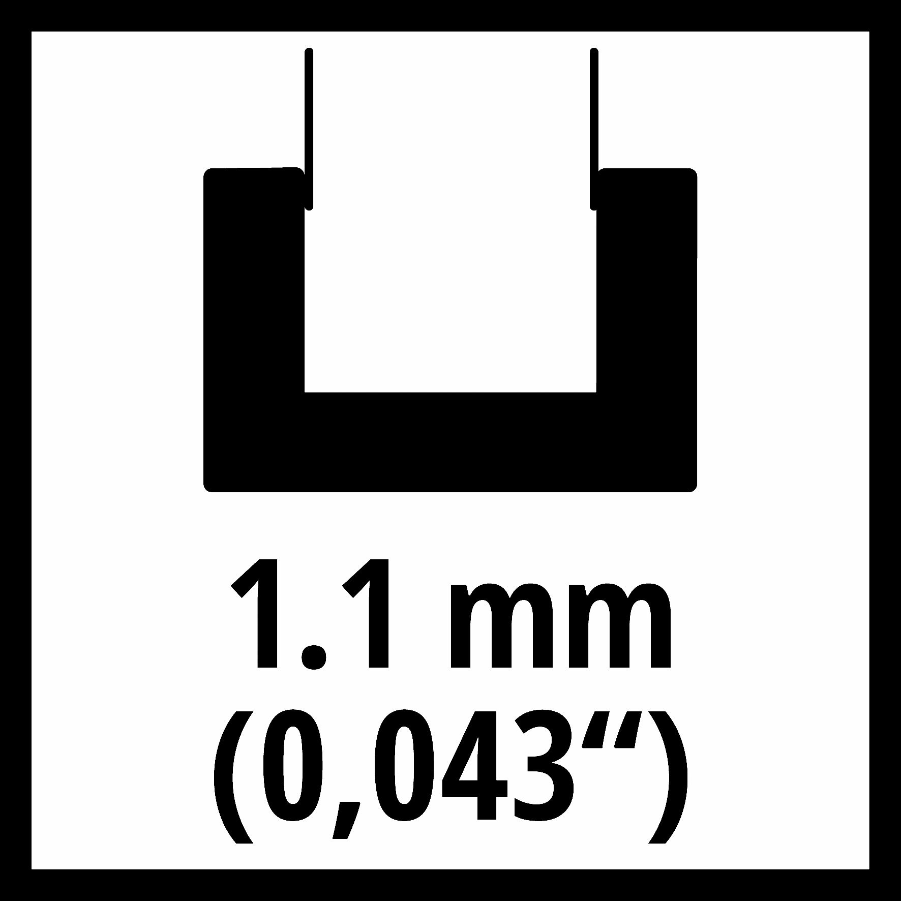 Schwarz-weiße Grafik mit 1,1 mm (0,043") auf weißem Grund.