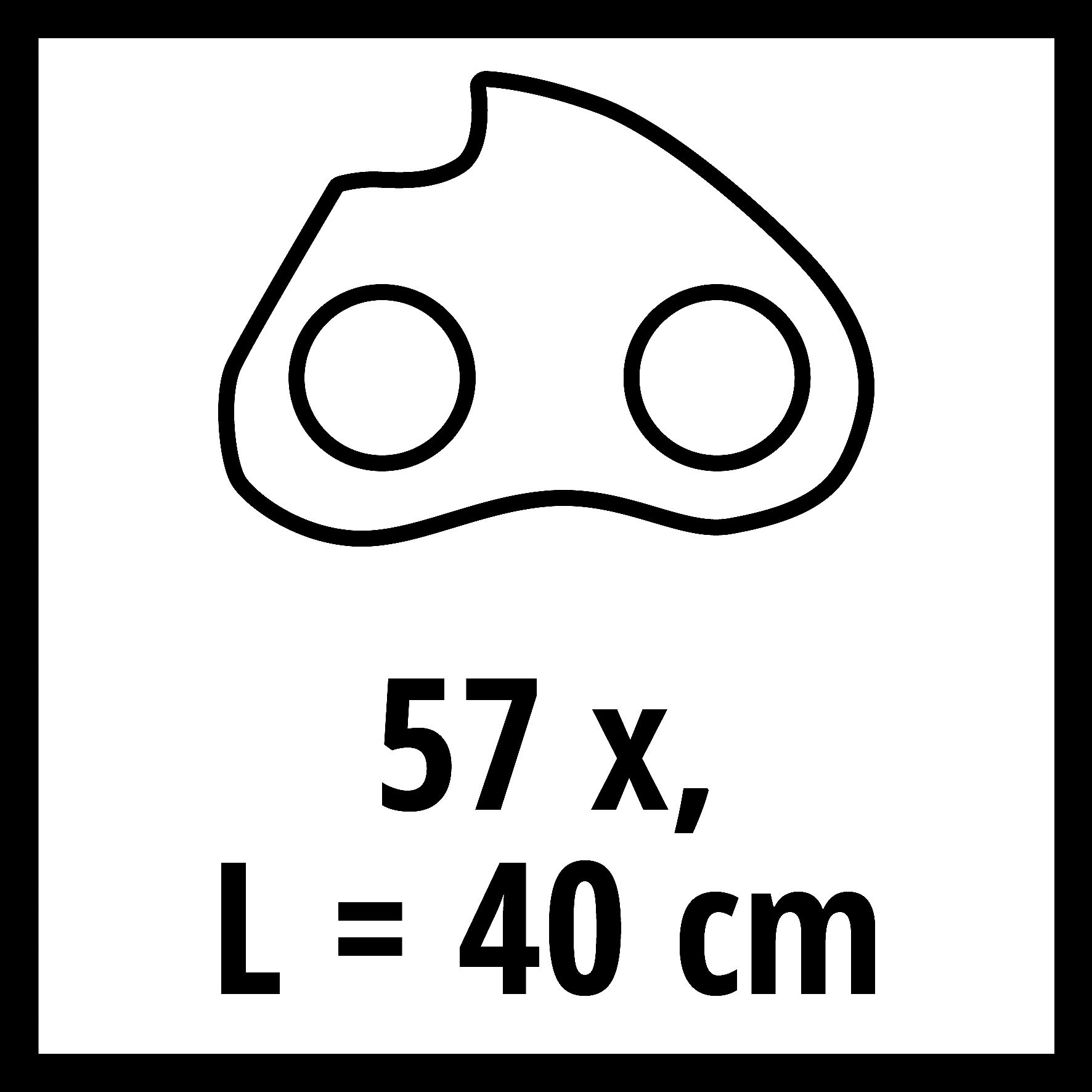 Schwarze Umrisslinie eines Werkzeugteils mit zwei Kreisen und Größenangaben: 57 x, L = 40 cm.