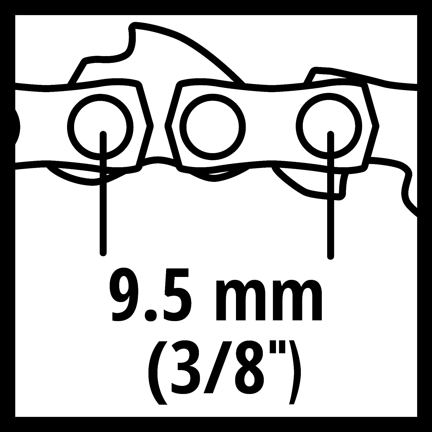 Nahaufnahme eines schwarzen Umrisses einer Kettensägenklinge, mit 9,5 mm und (3/8") Text.