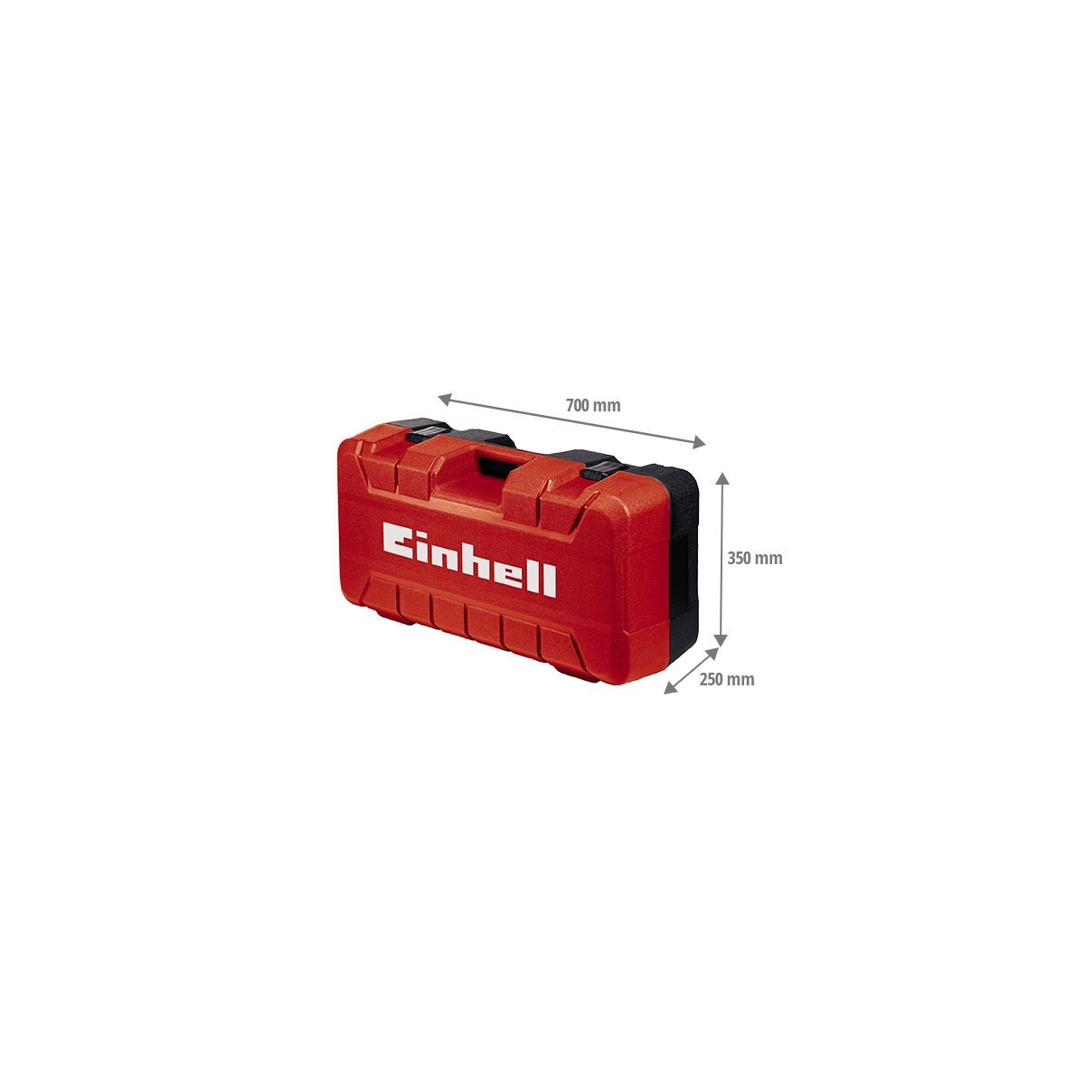Roter Einhell Werkzeugkoffer mit Abmessungen, auf weißem Hintergrund.