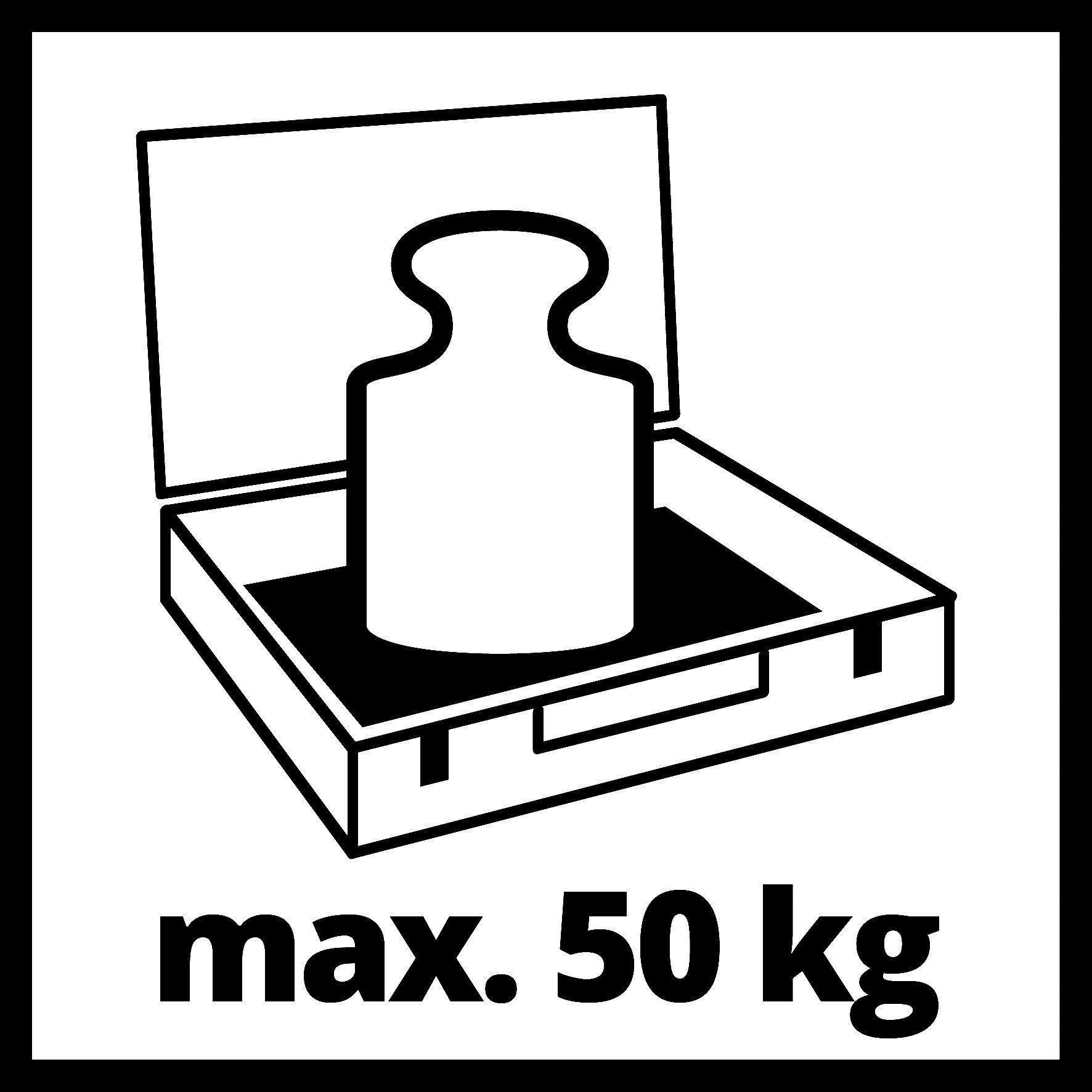 Schwarz-Weiß-Bild eines Behälters mit einem Gewicht. Text: 'max. 50 kg'.