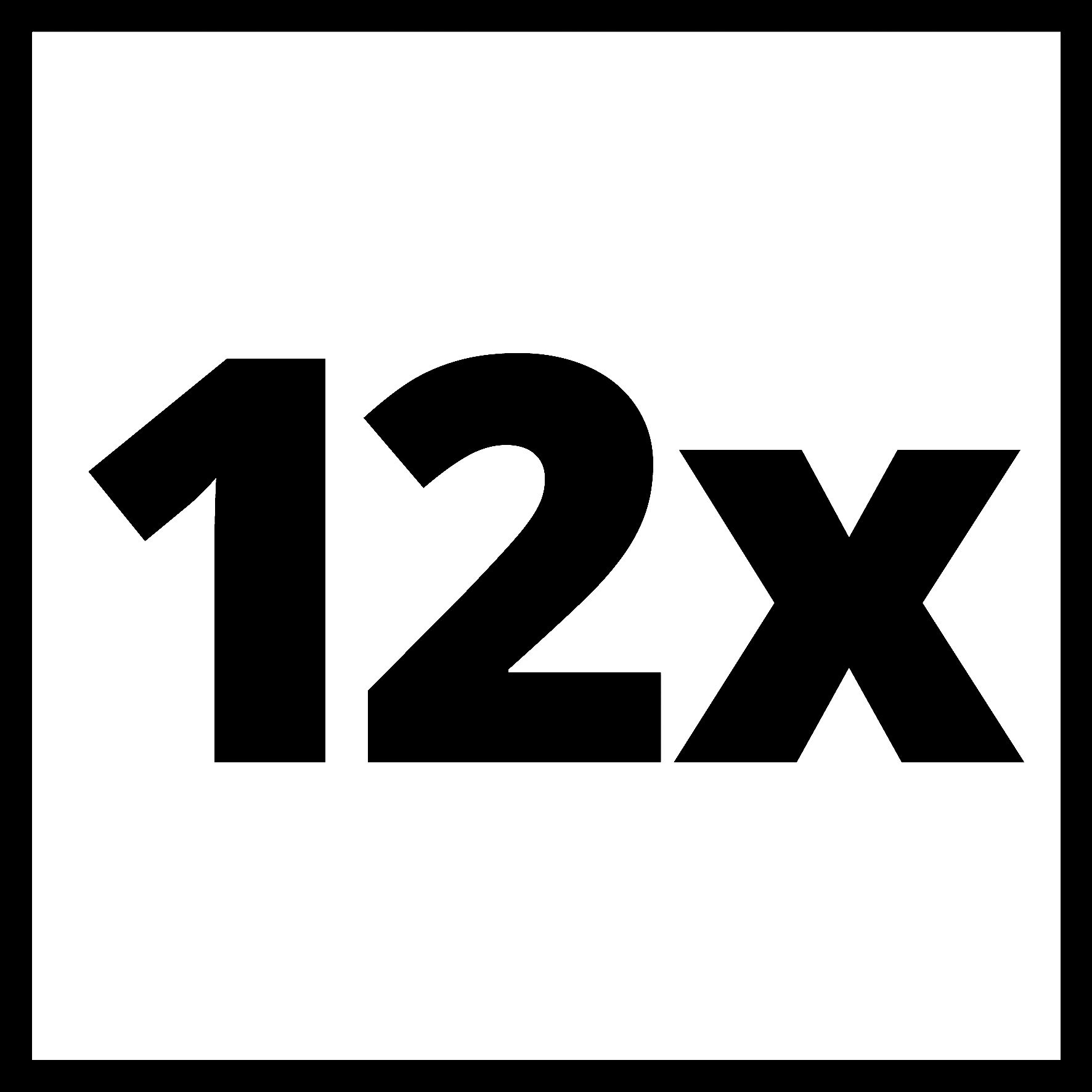 Schwarzer Text auf Weiß, 12X, innerhalb eines schwarzen quadratischen Rahmens.