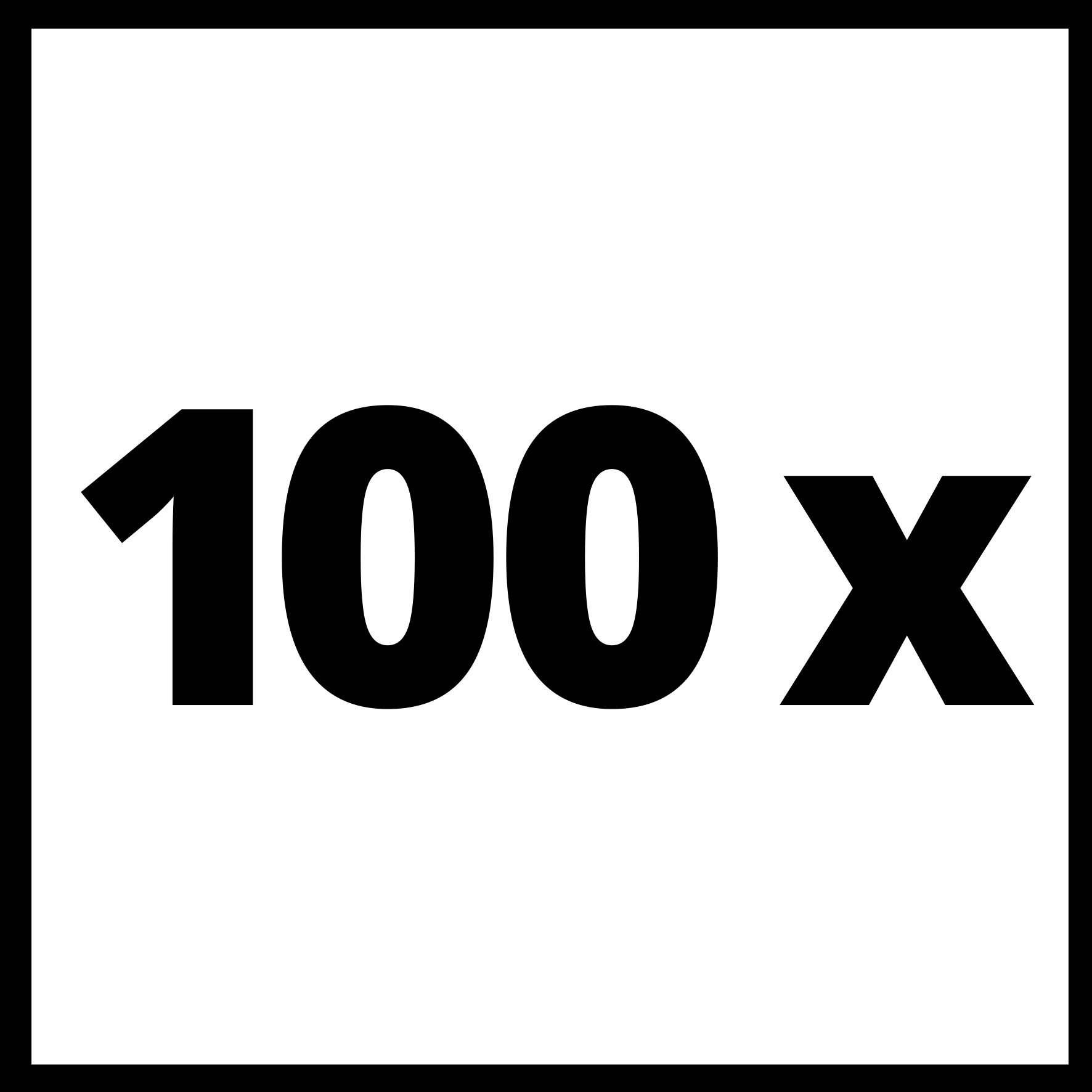 Schwarze Zahlen 100 X auf weißem Hintergrund in einem schwarzen Quadrat.