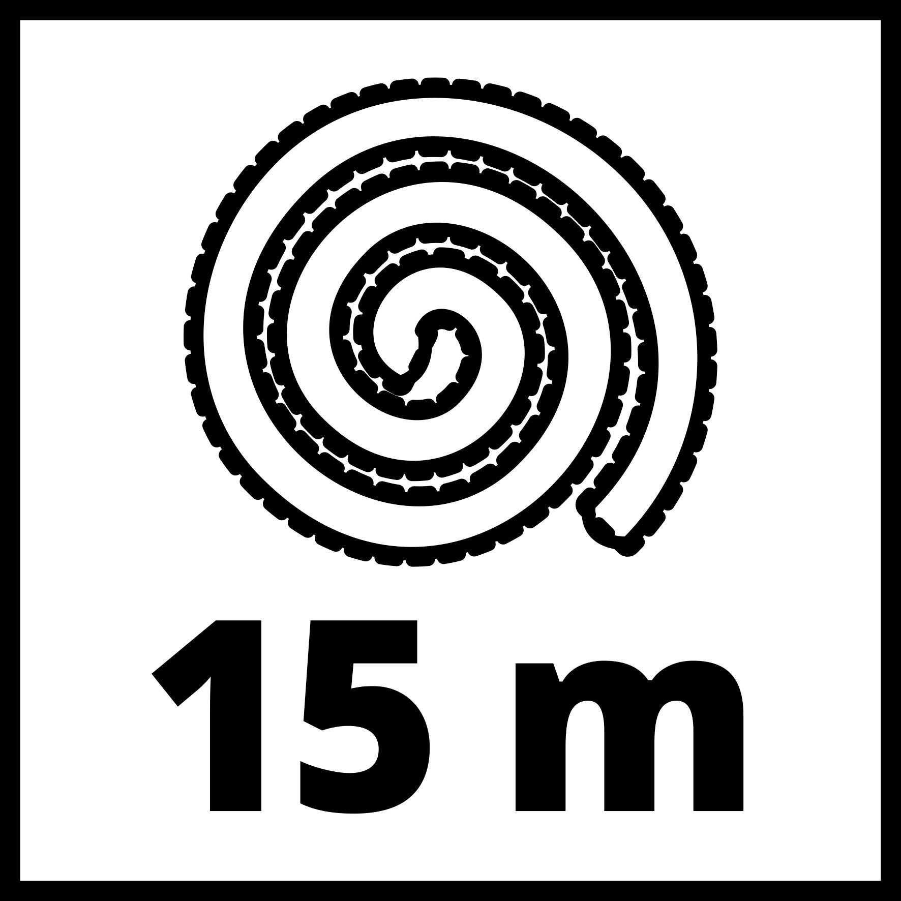 Ein Schwarz-Weiß-Bild eines aufgerollten Schlauchs mit dem Text 15 m darunter.