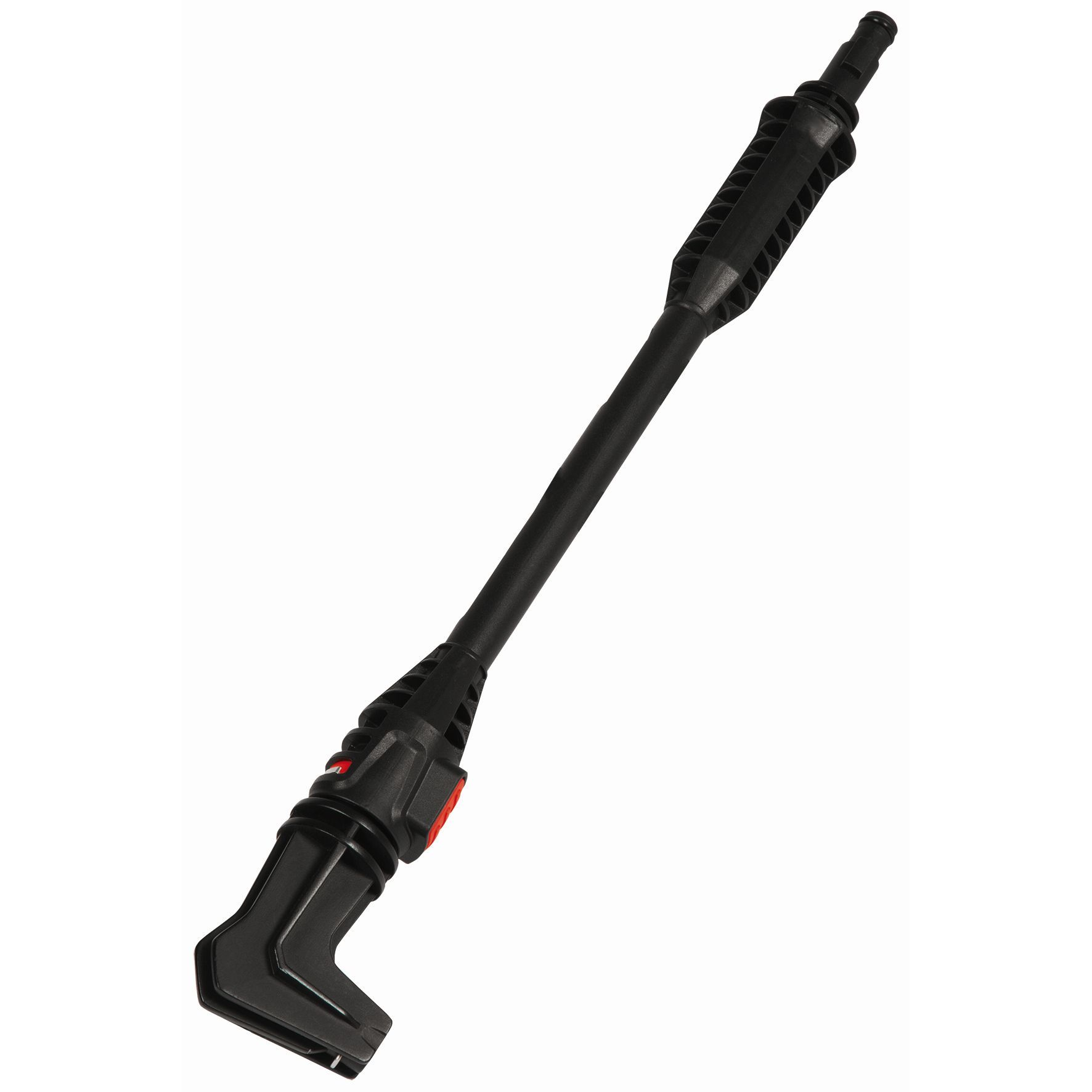 Czarna lanca przedłużająca do myjki ciśnieniowej. Ma kątową dyszę. Izolowana na białym tle.