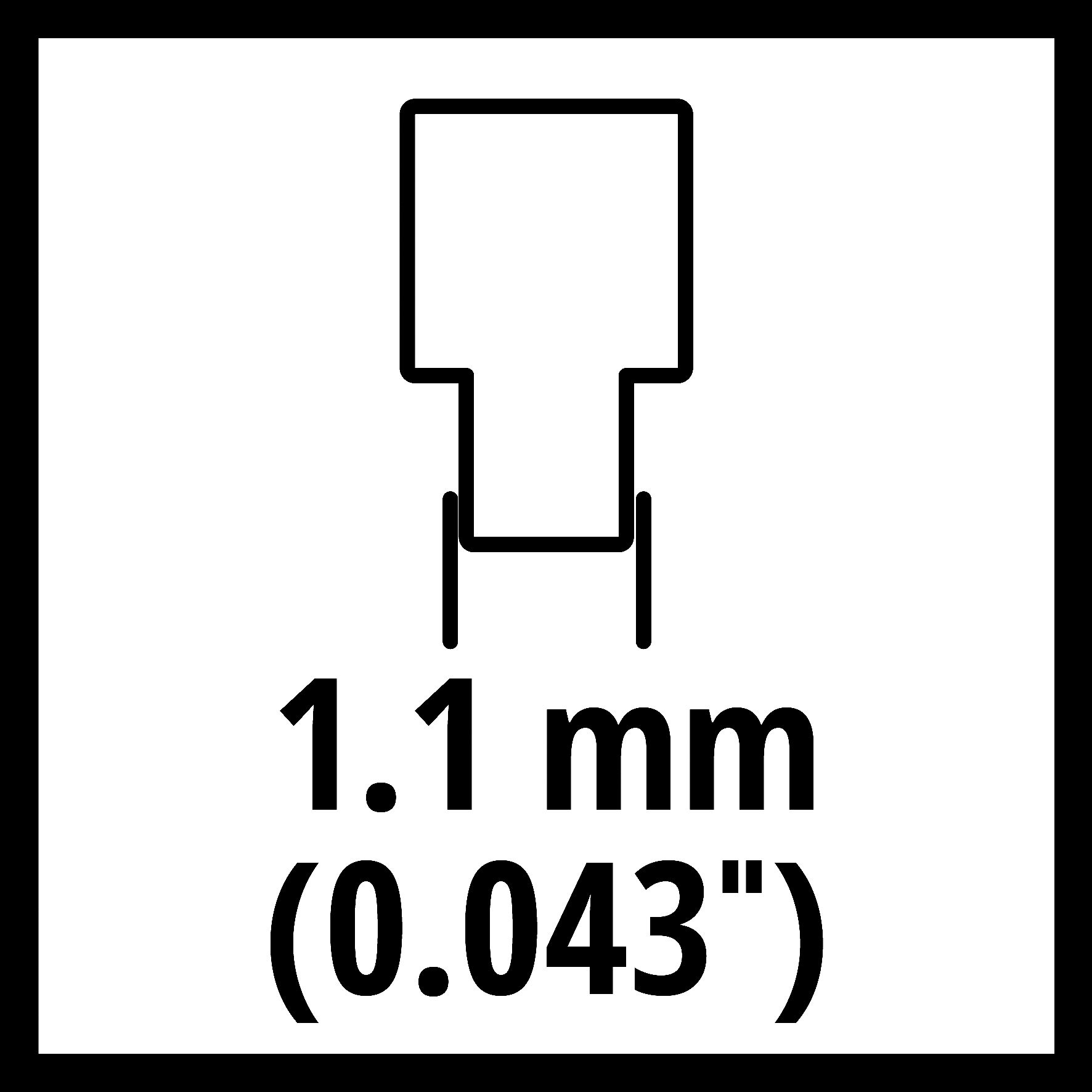 Ein schwarz-weißes Diagramm mit Abmessungen: 1,1 mm (0,043")