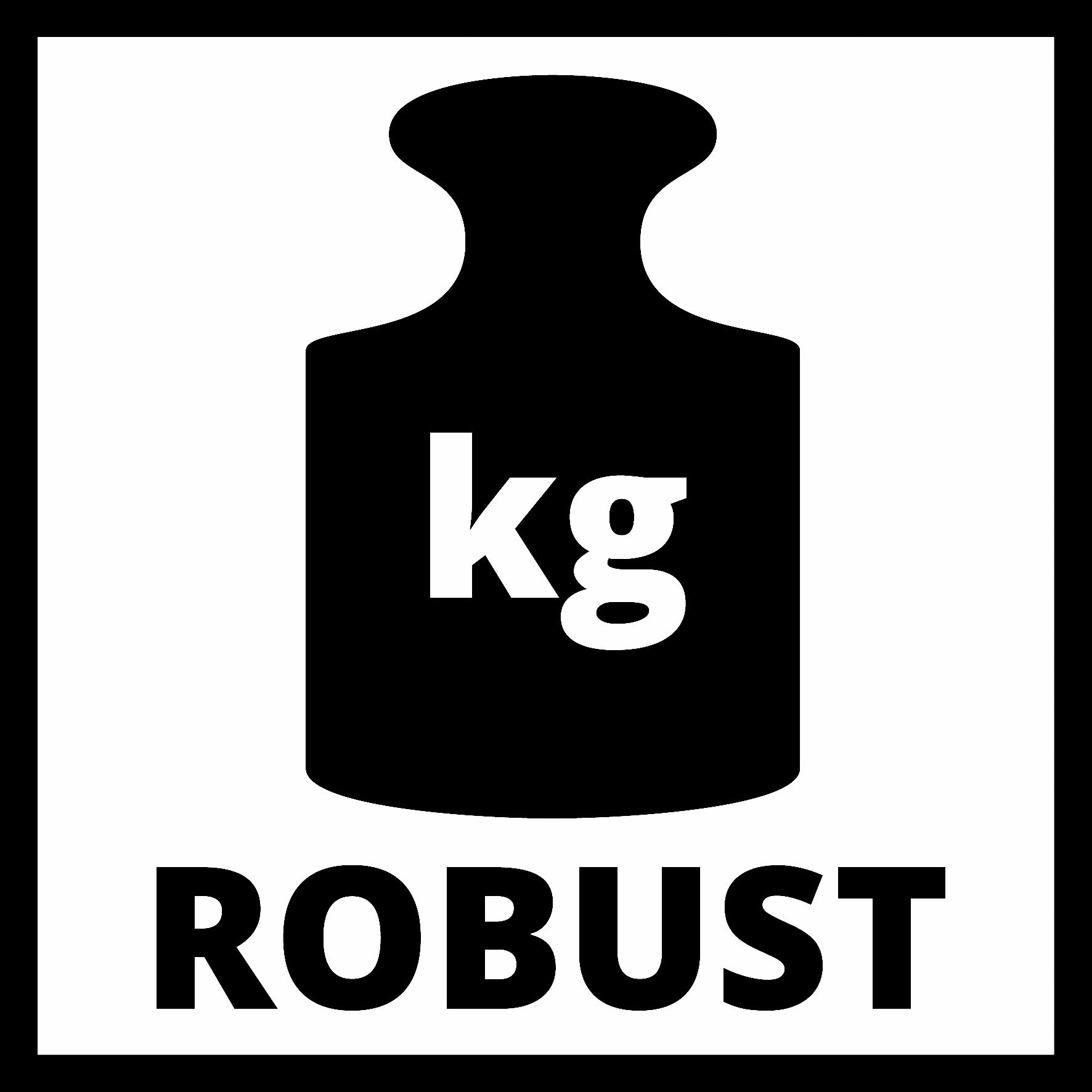 Schwarz-Weiß-Bild eines Gewichts mit dem Wort "ROBUST".