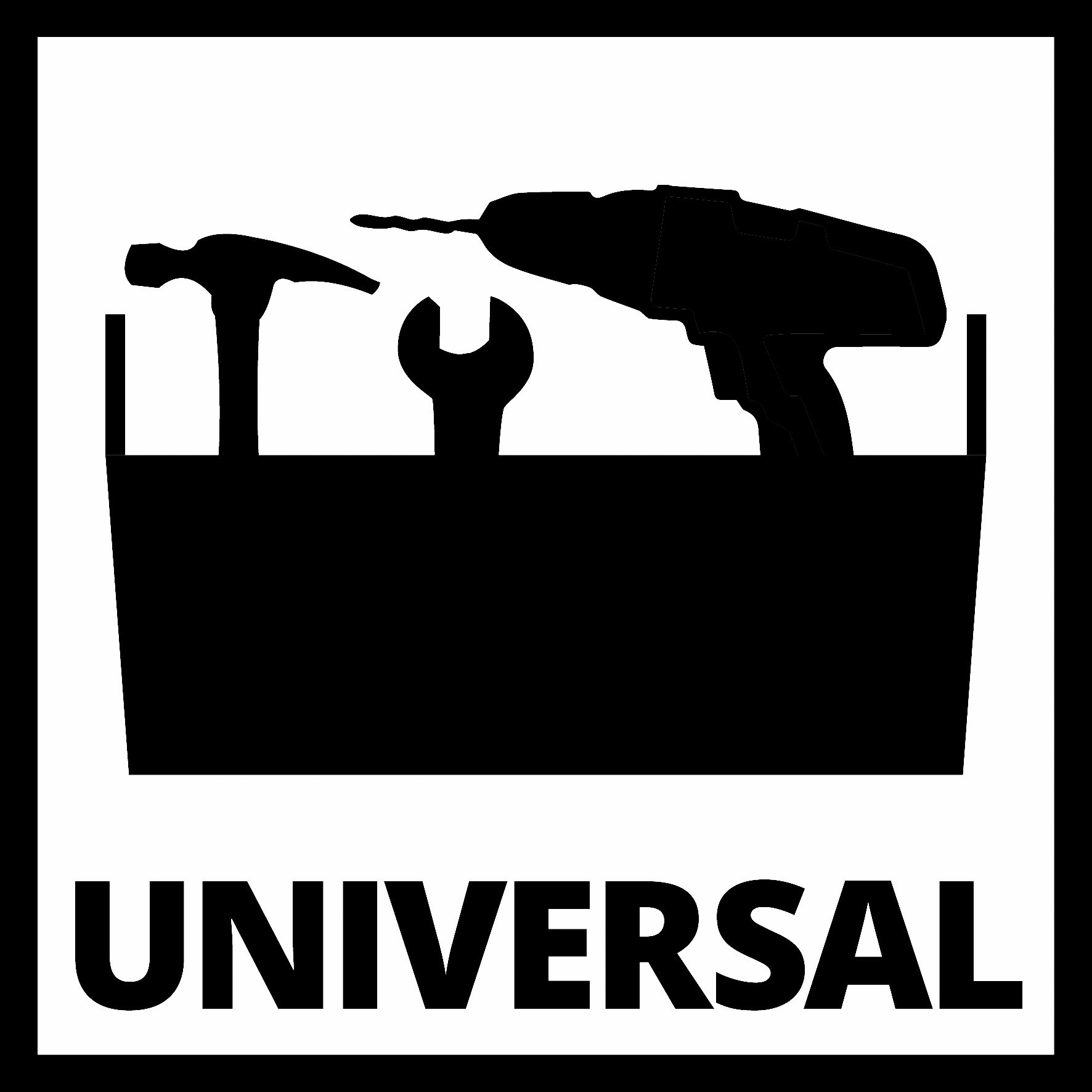 Schwarz-Weiß-Bild einer Werkzeugkiste mit Werkzeugen. Das Wort UNIVERSAL steht darunter.
