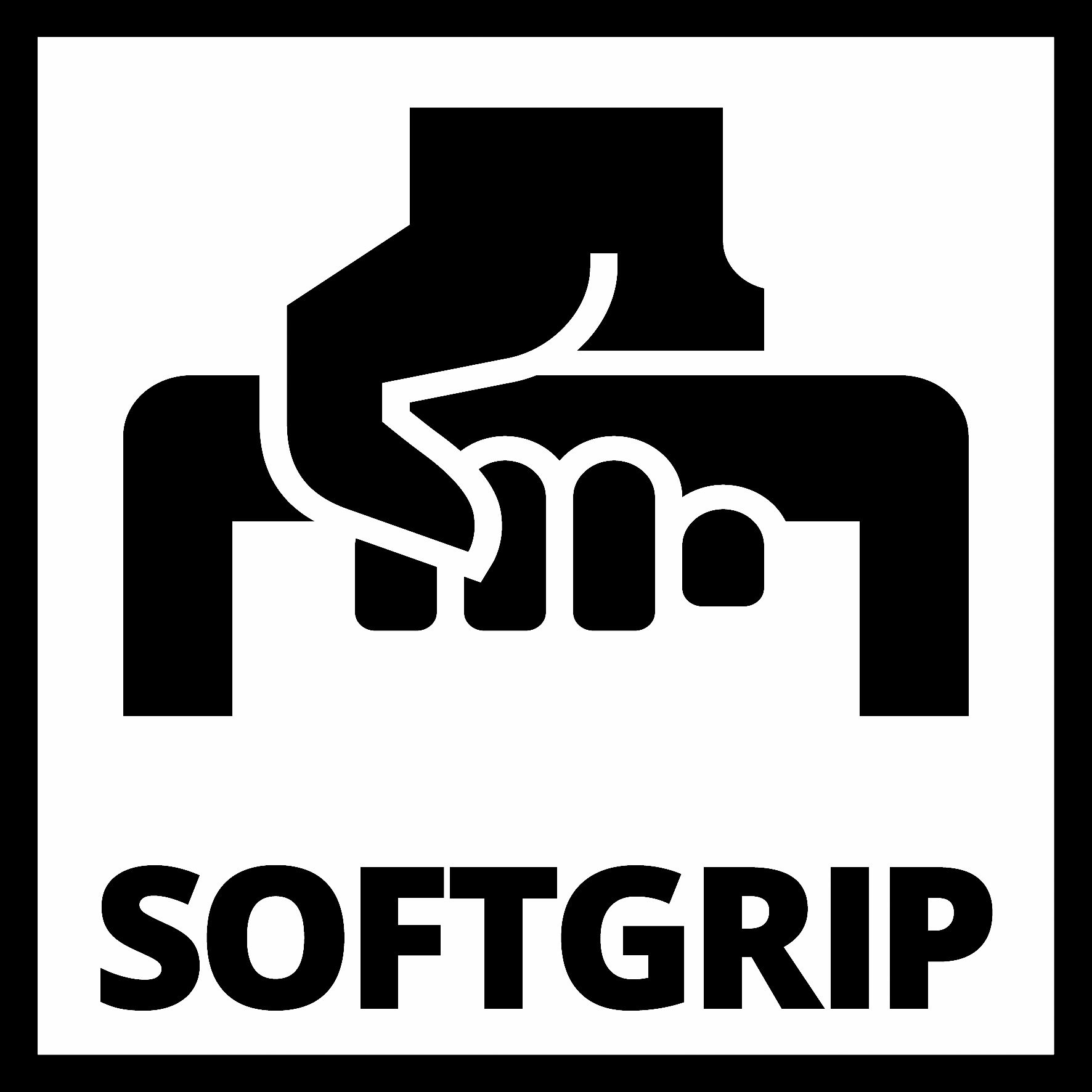 Ein Schwarz-Weiß-Symbol, das eine Hand zeigt, die einen Griff hält. Text: 'SOFTGRIP'.