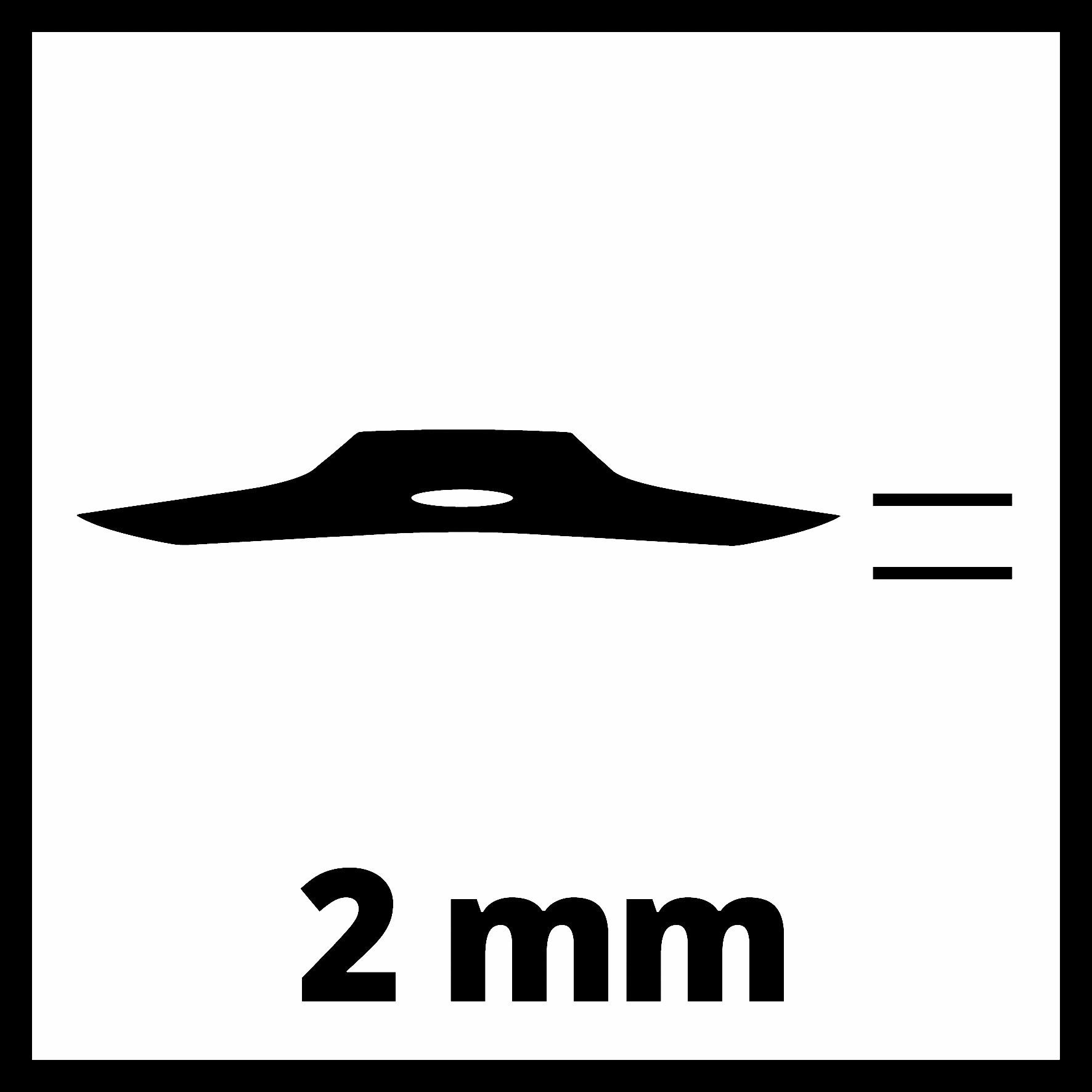 Klingen-Symbol mit 2 mm Text darunter und zwei kurzen Linien rechts.