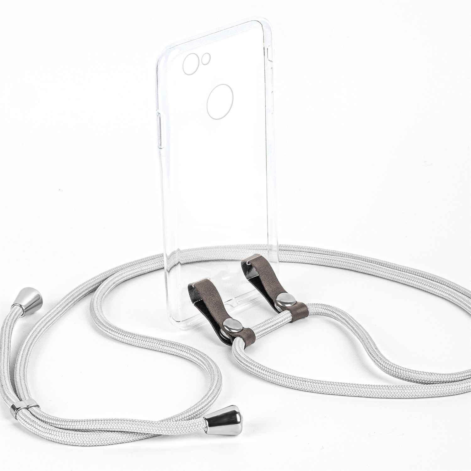Silbernes Telefonkabel mit durchsichtiger Hülle und Lederanschlüssen auf weißem Hintergrund.