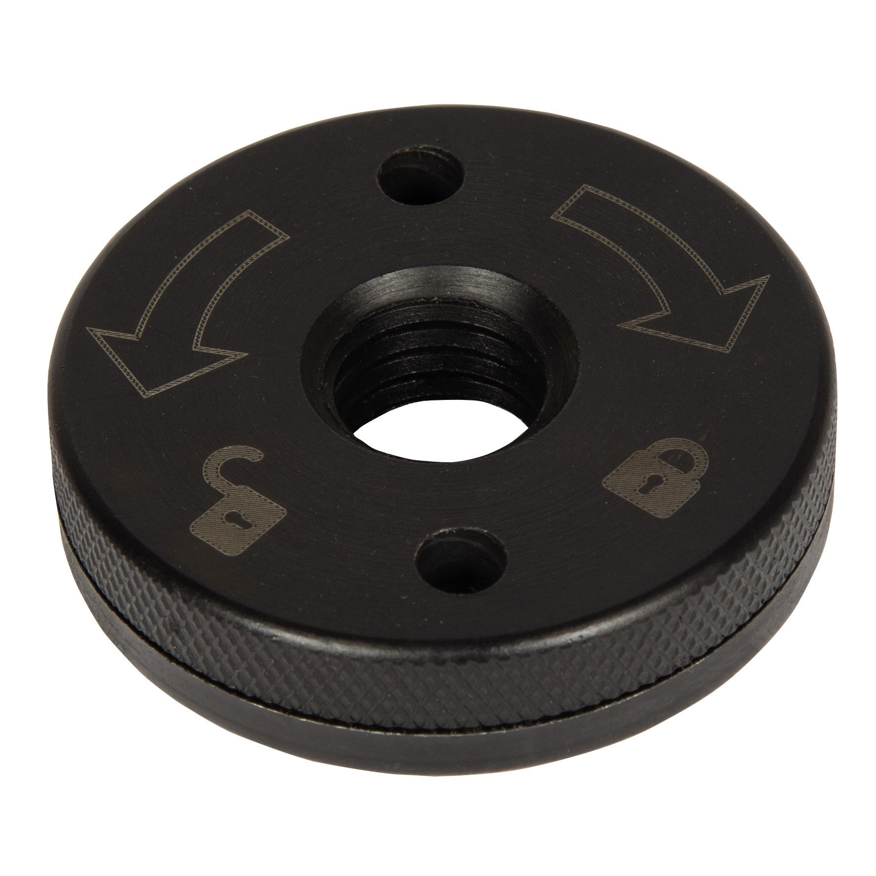 Czarna metalowa nakrętka ze strzałkami i symbolami zamka. Instrukcja obsługi.