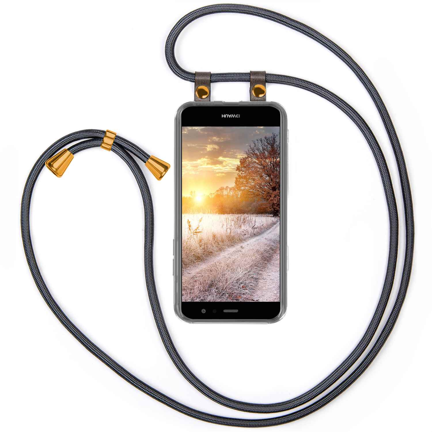 Telefon mit Sonnenaufgang. Graues Seil. Weißer Hintergrund.